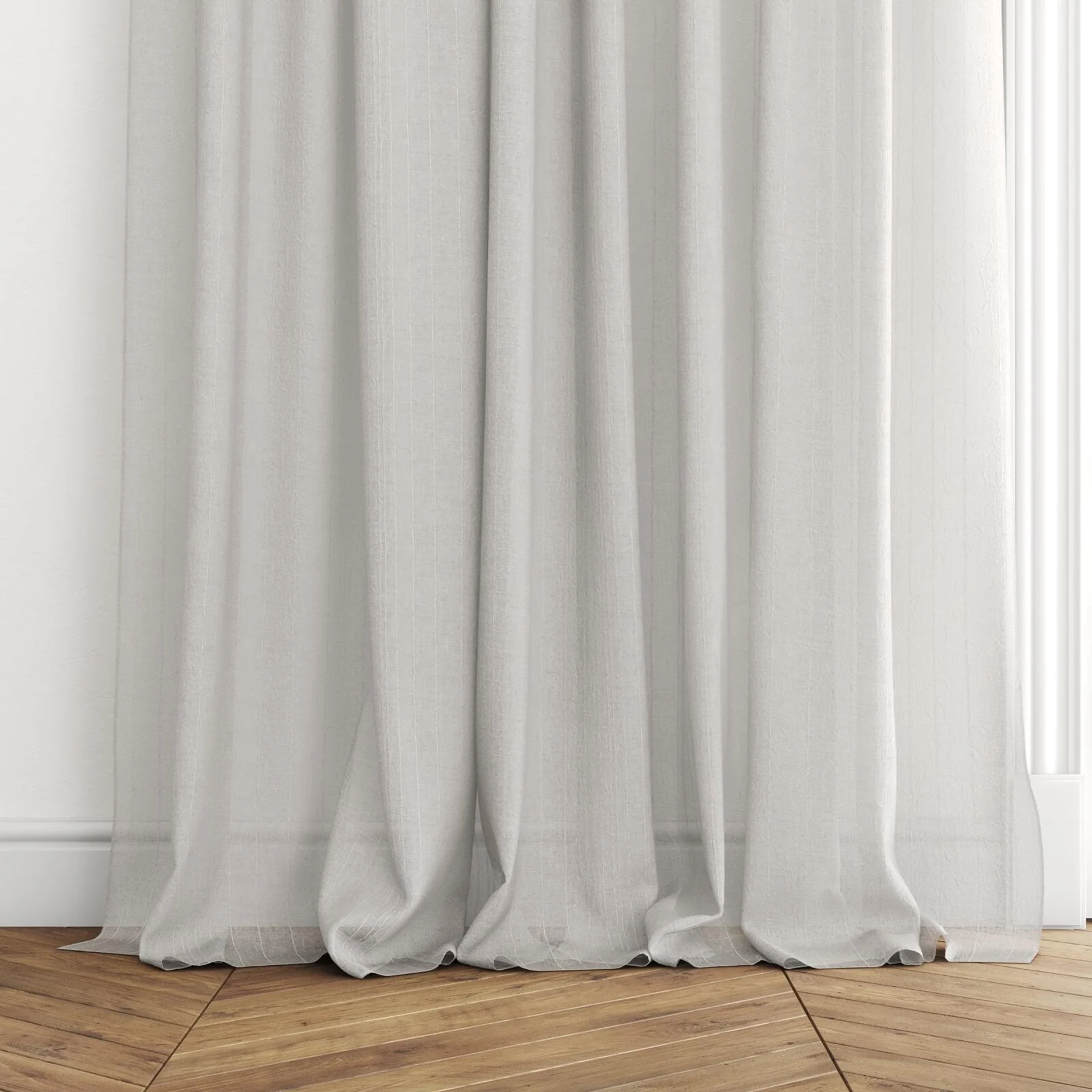 Bottom view of Mira Dove, puddled with pinch pleat, on curtain rod