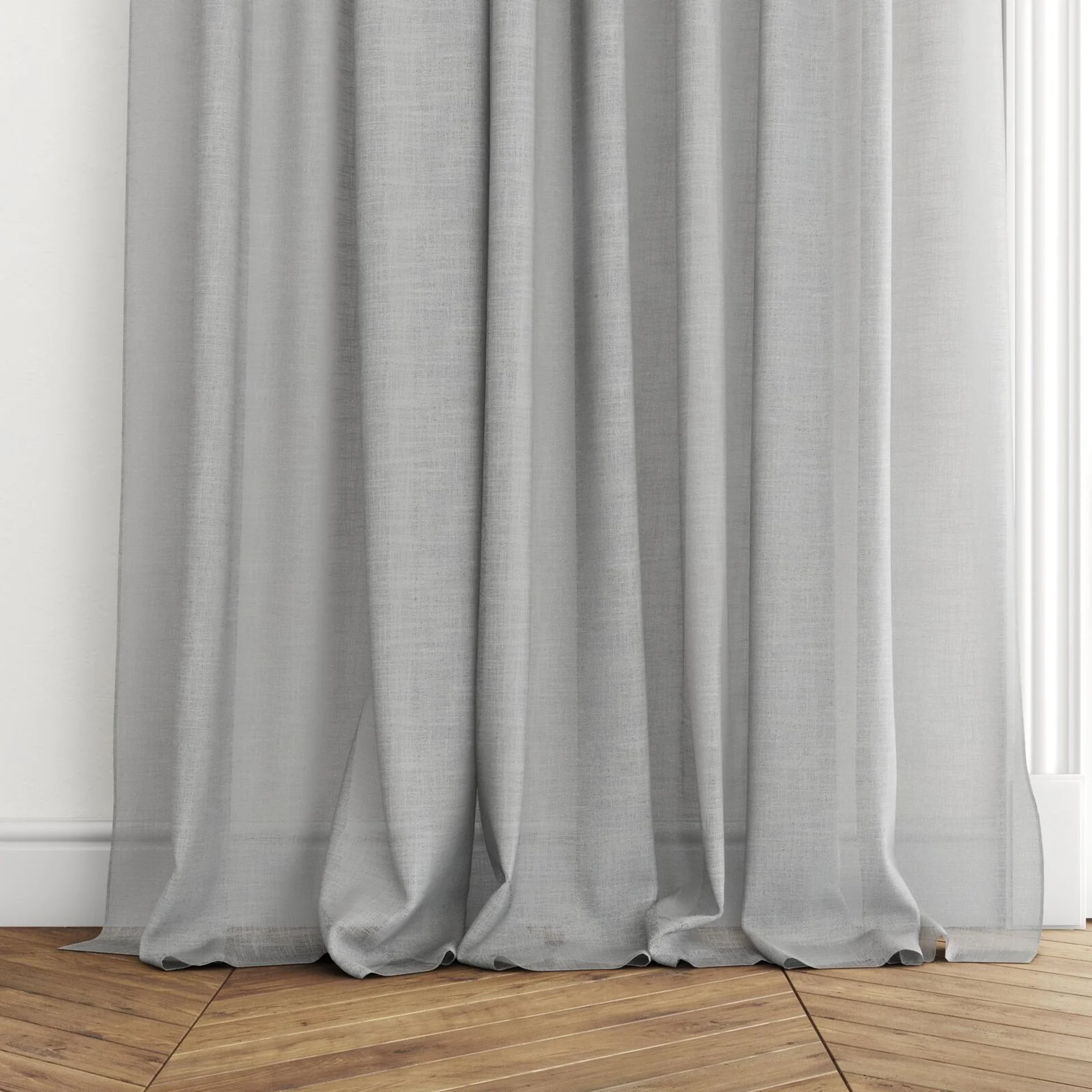 Bottom view of Verdant Smoke, puddled with pinch pleat, on curtain rod