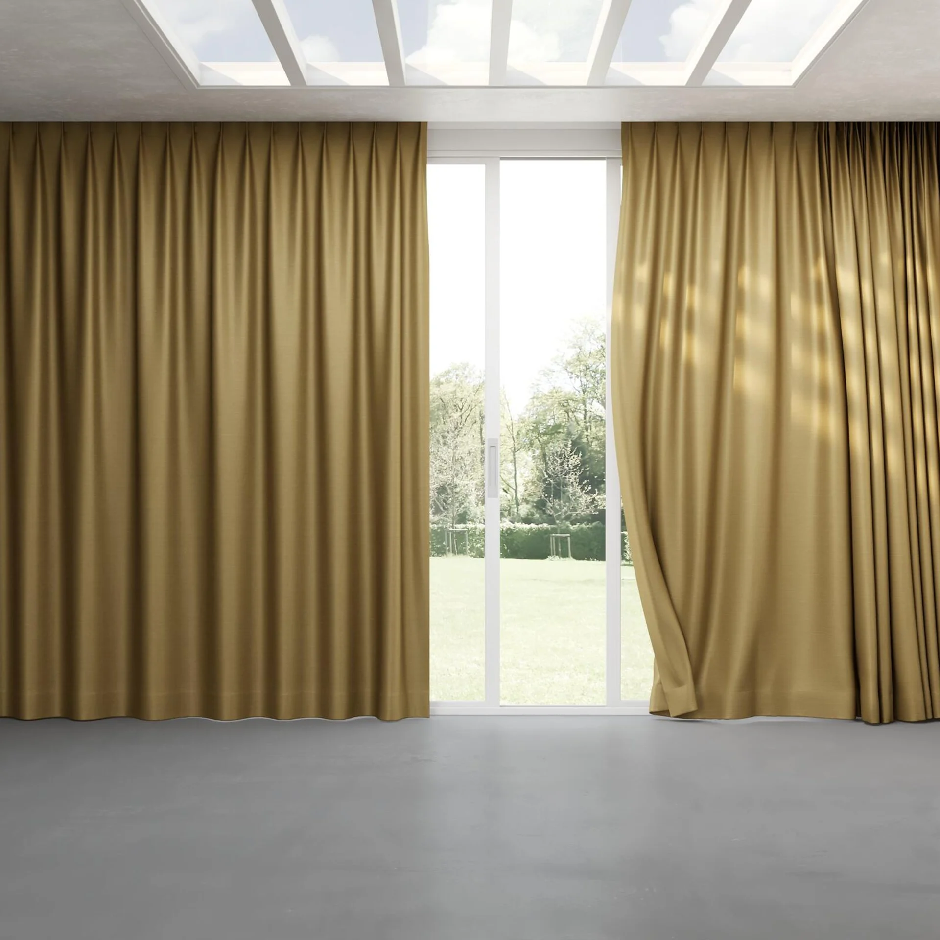 Full view of Silky Bronze, pinch pleat