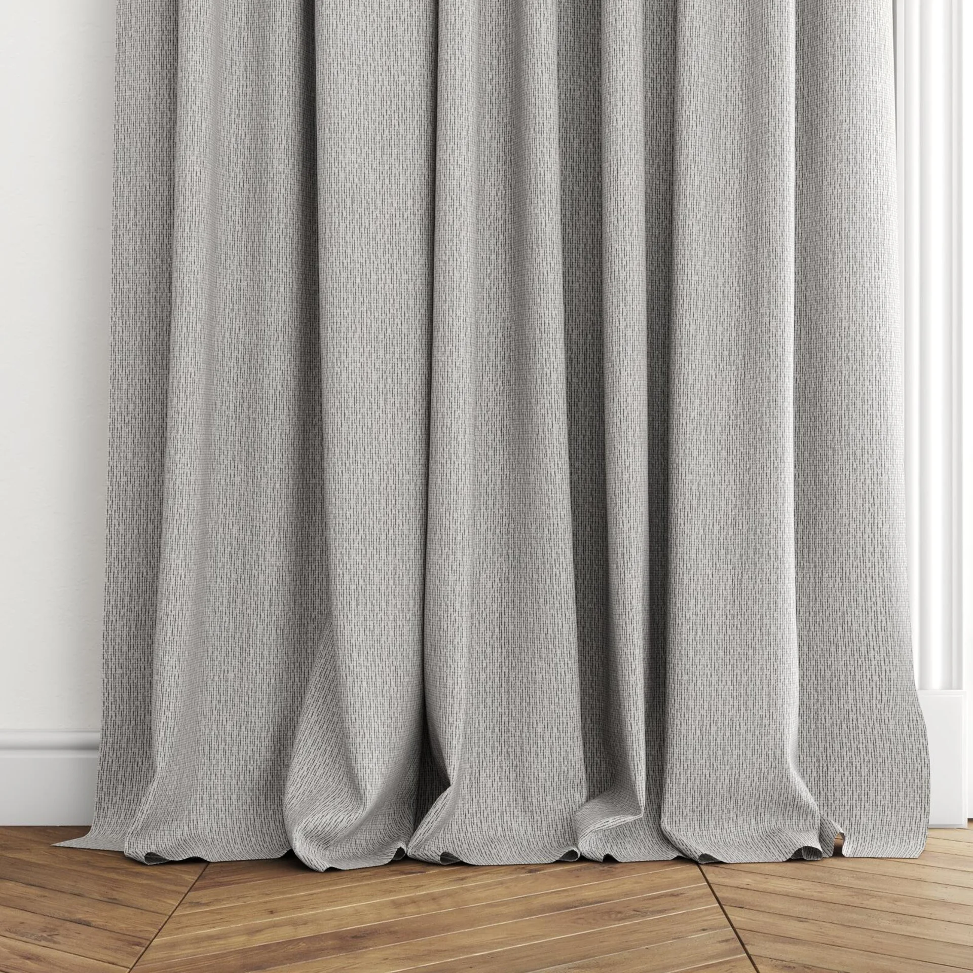 Bottom view of Semblance Sterling, puddled with pinch pleat, on curtain rod