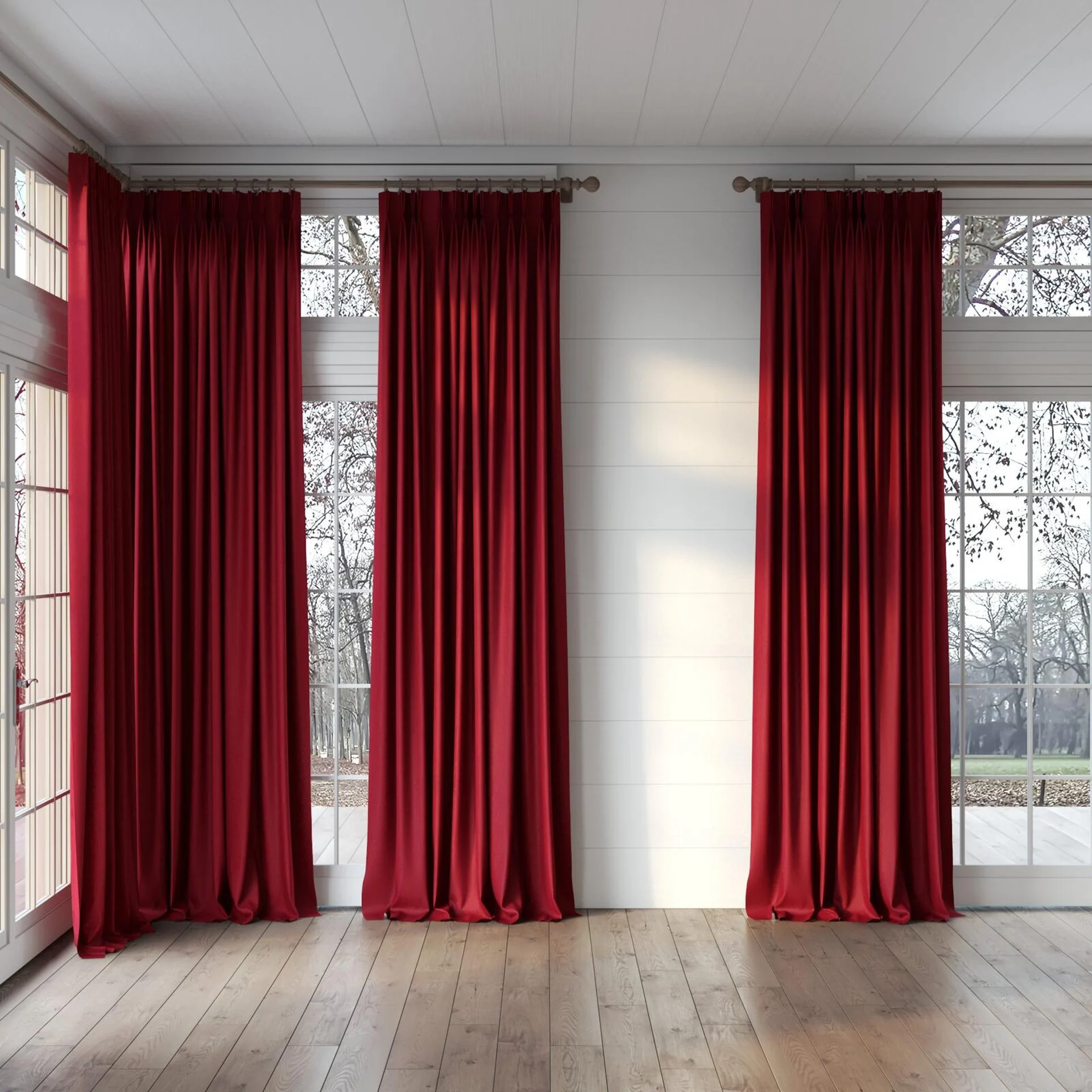 Full view of Rewind Cardinal, puddled, on curtain rod