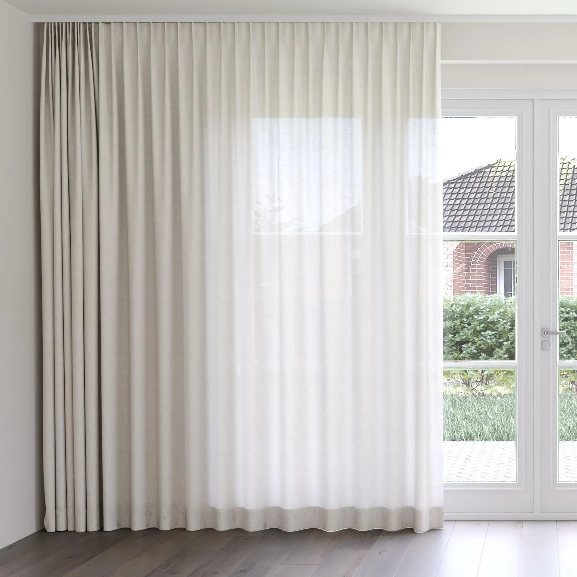 Front view of Envoy 2 Parchment 320cm, on curtain rail
