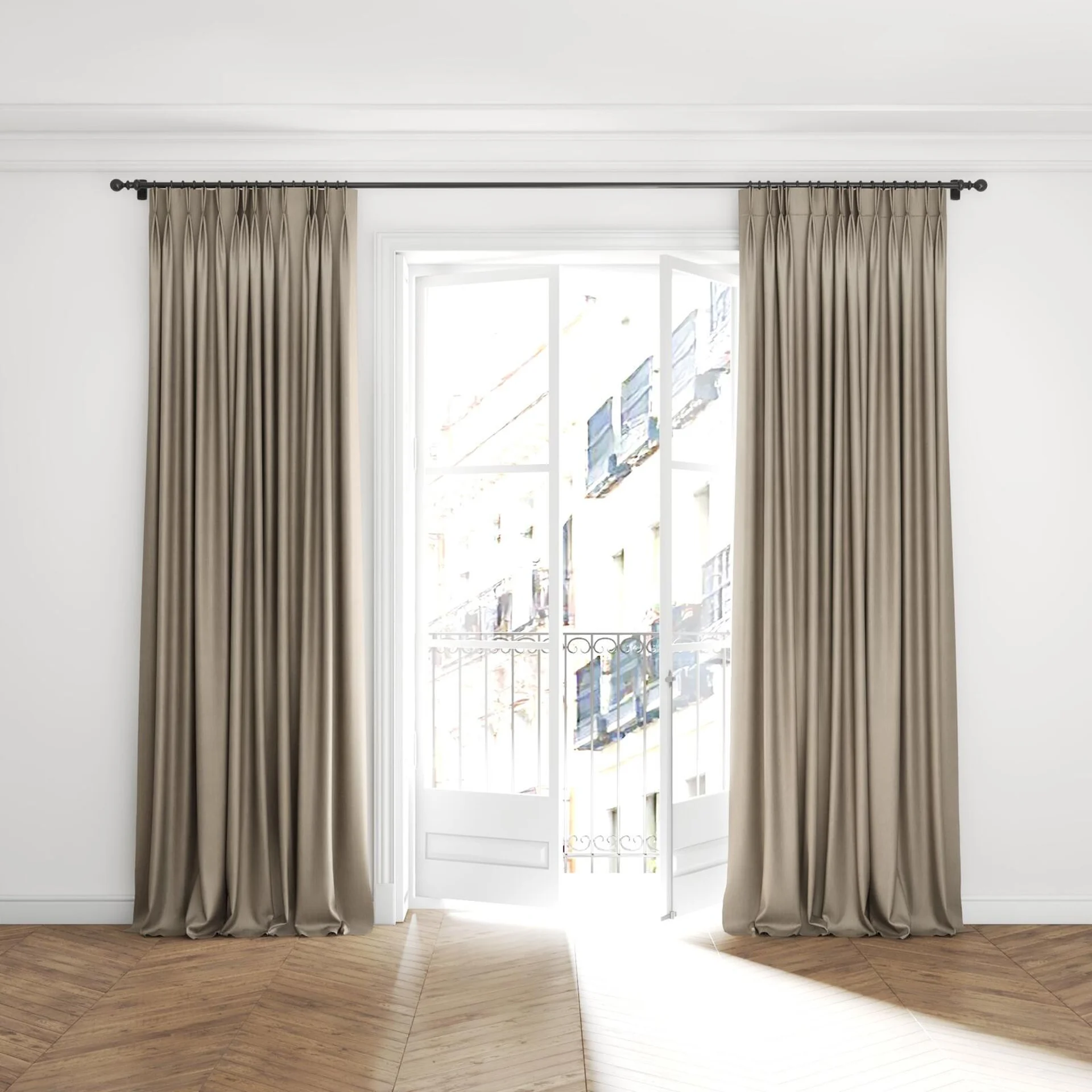 Full view of Hombre Taupe, puddled with pinch pleat, on curtain rod