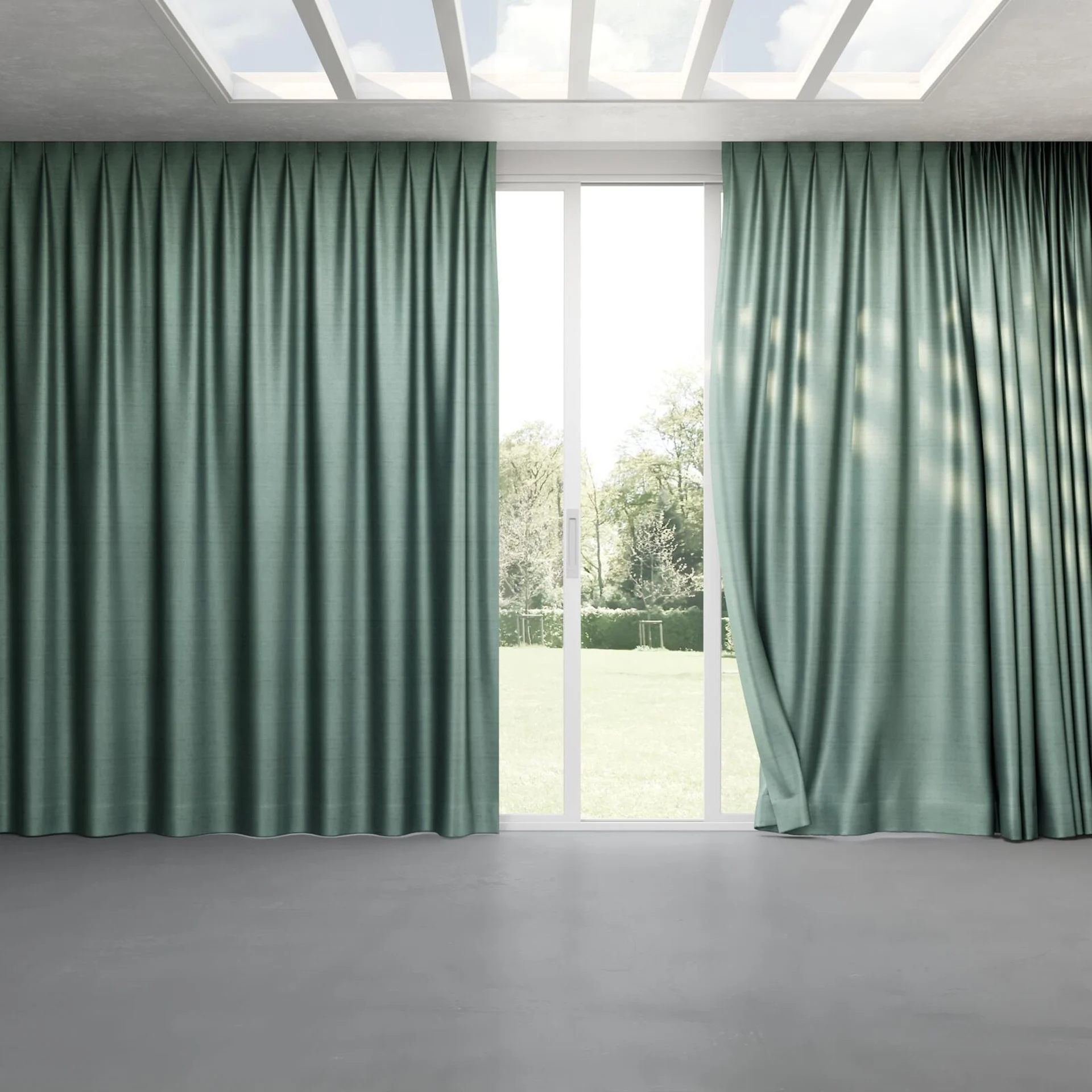 Full view of Zircon Teal, pinch pleat
