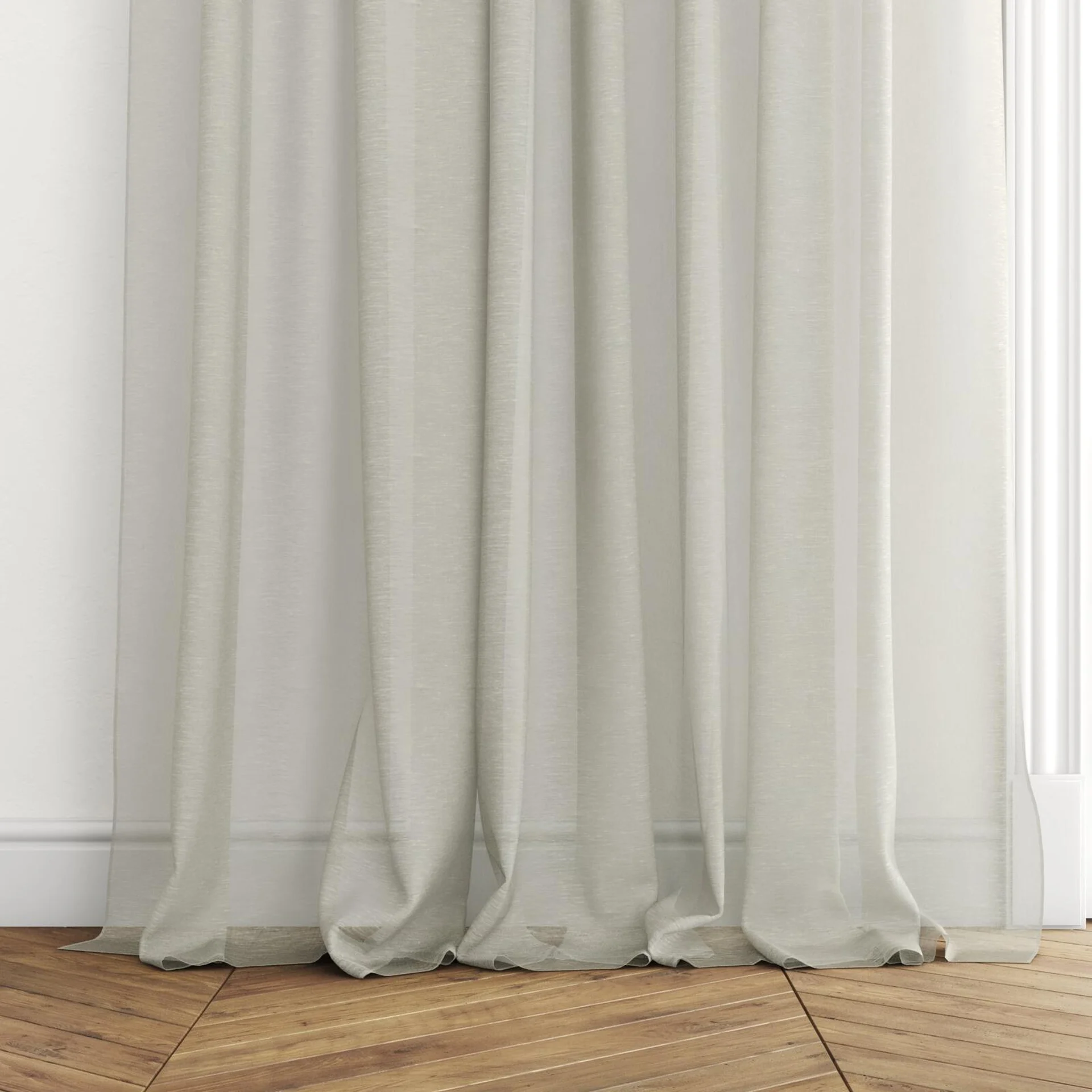 Bottom view of Locomotion Linden, puddled with pinch pleat, on curtain rod