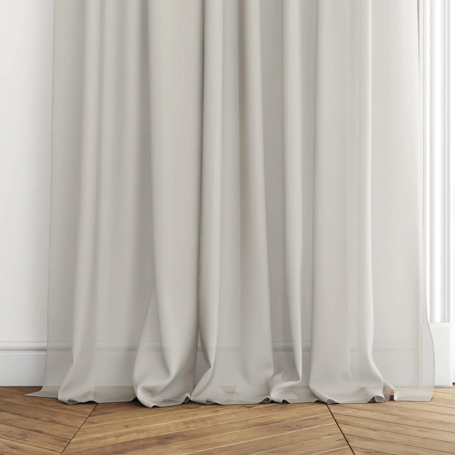 Bottom view of Zine Sterling, puddled with pinch pleat, on curtain rod