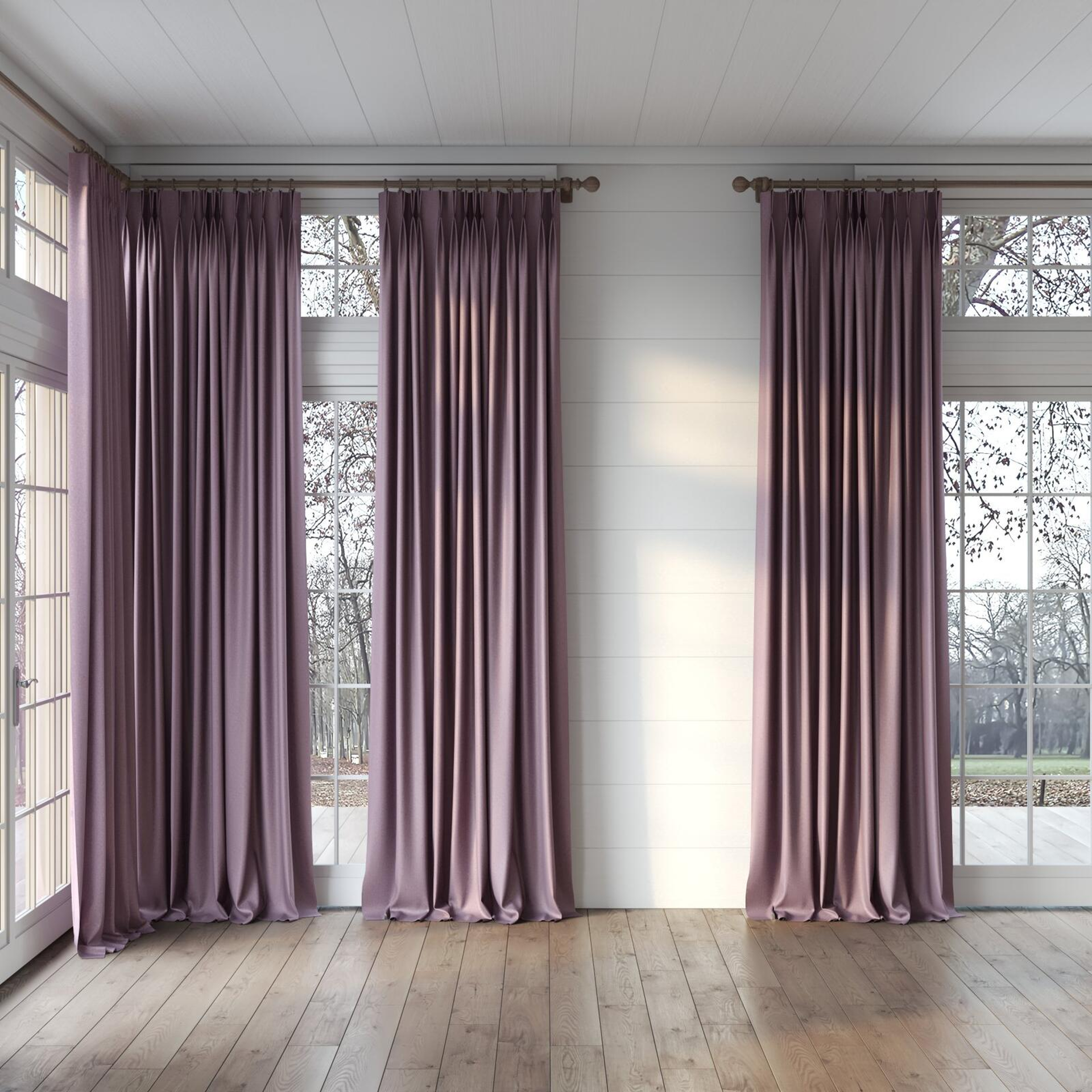 Full view of Taylor Plum, puddled, on curtain rod