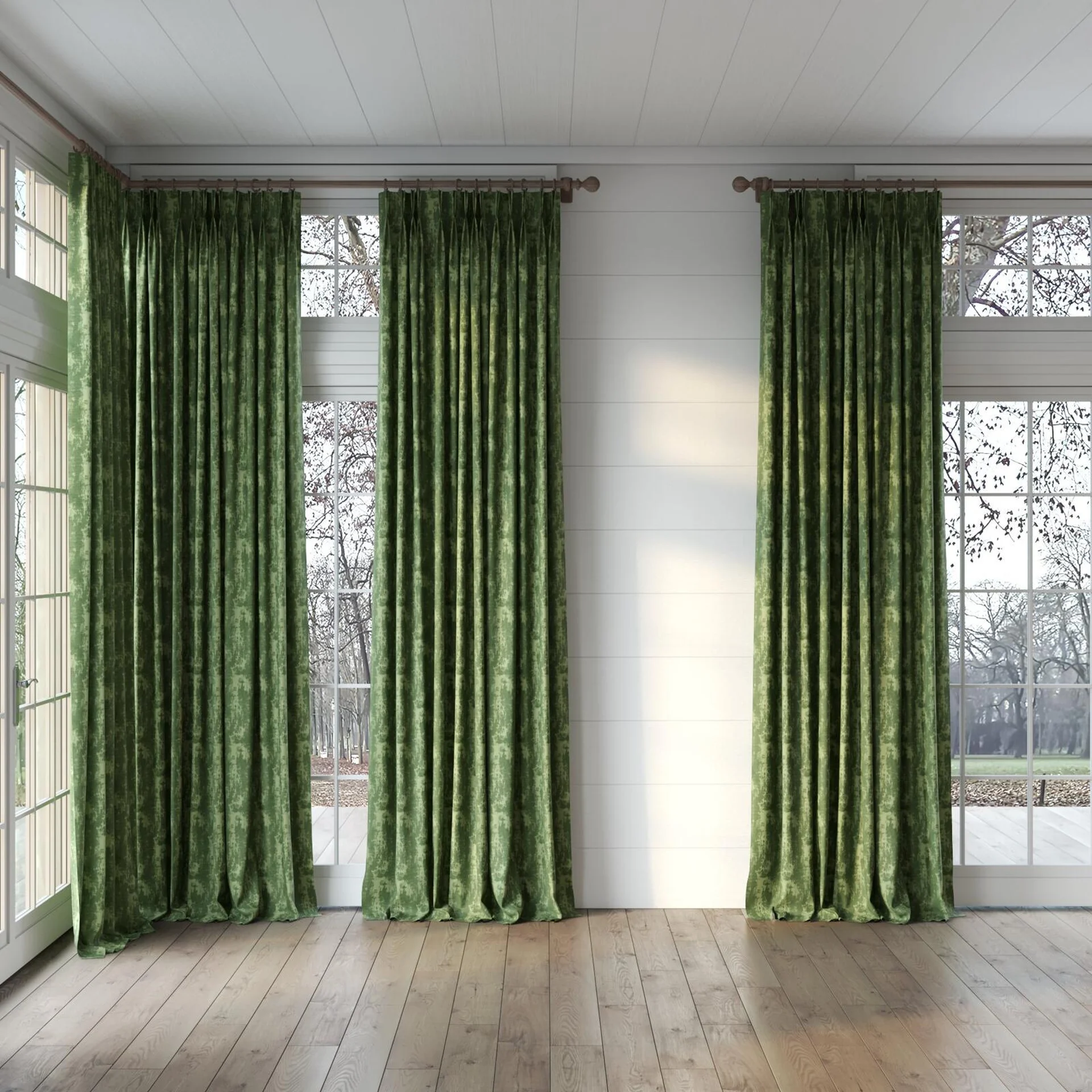 Full view of Innovation Sage, puddled, on curtain rod