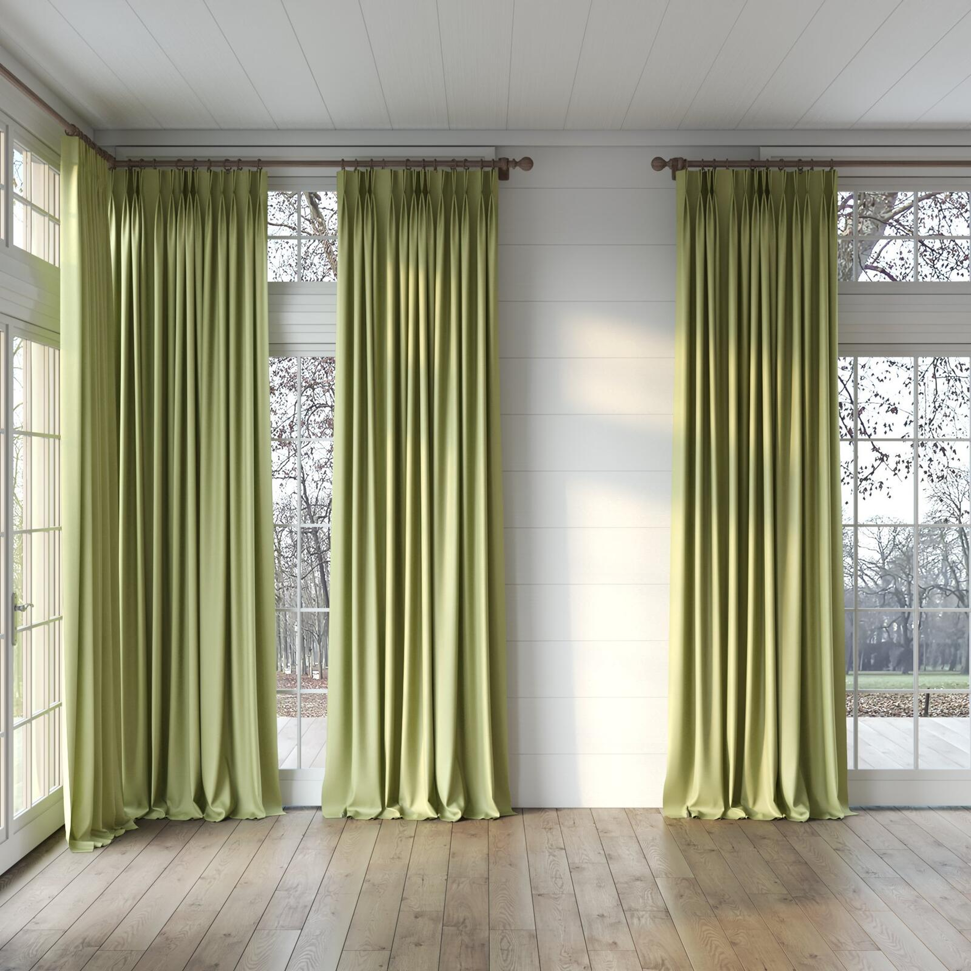 Full view of Kanvas Pear, puddled, on curtain rod