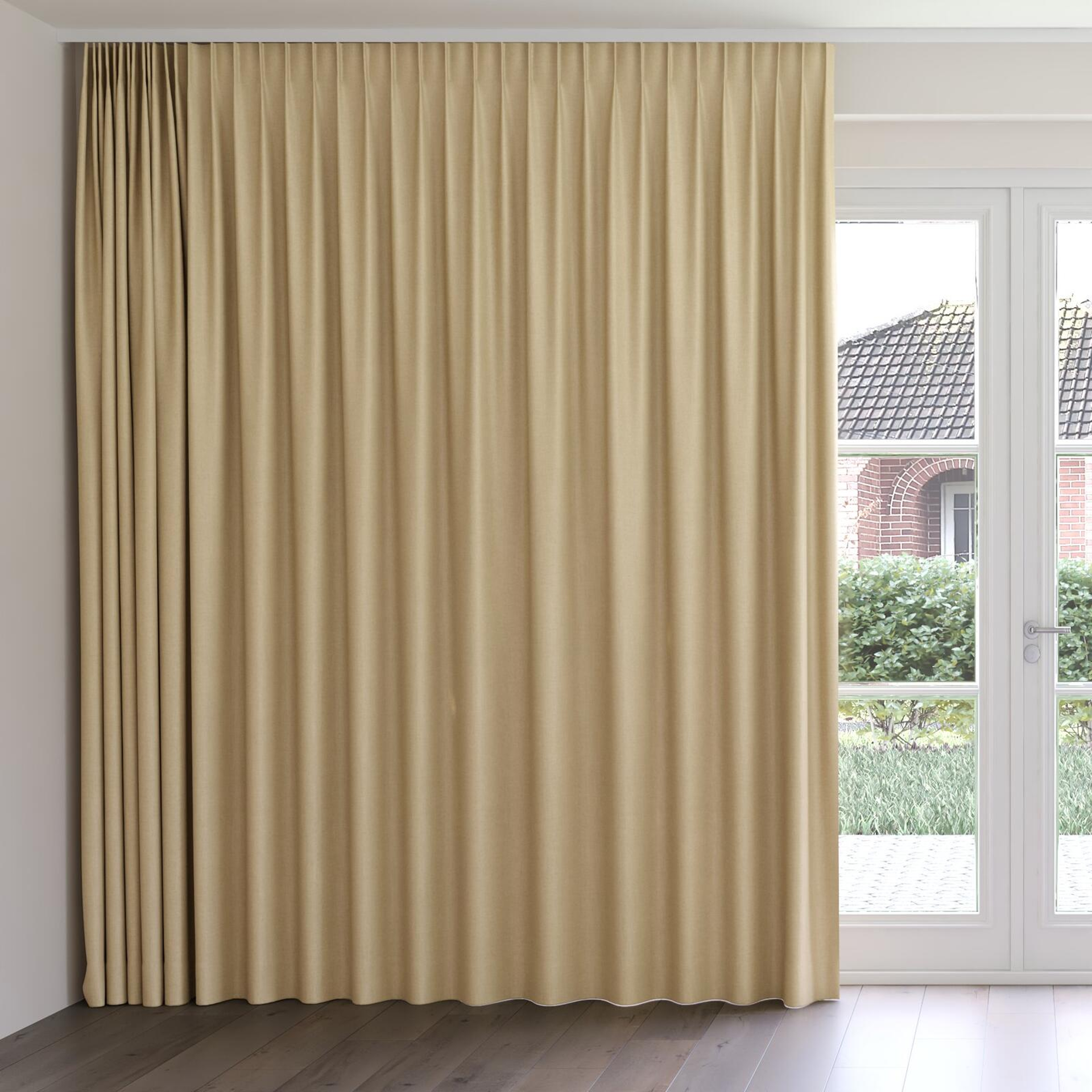 Front view of Cushy Camel, on curtain rail