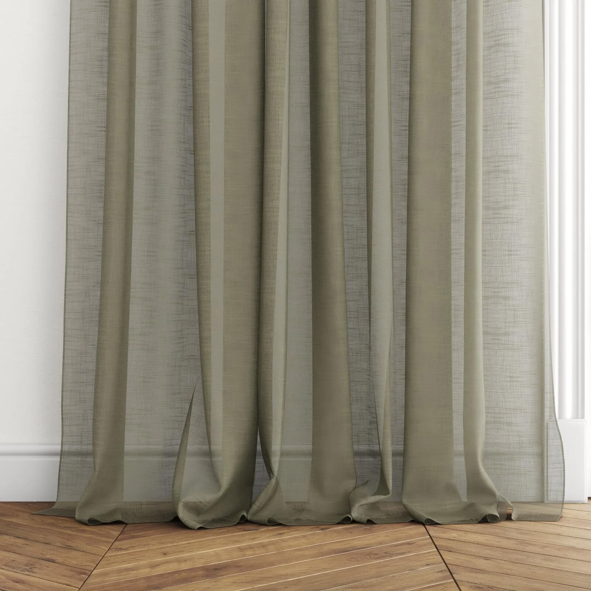 Bottom view of Kumo Recycled Artichoke, puddled with pinch pleat, on curtain rod