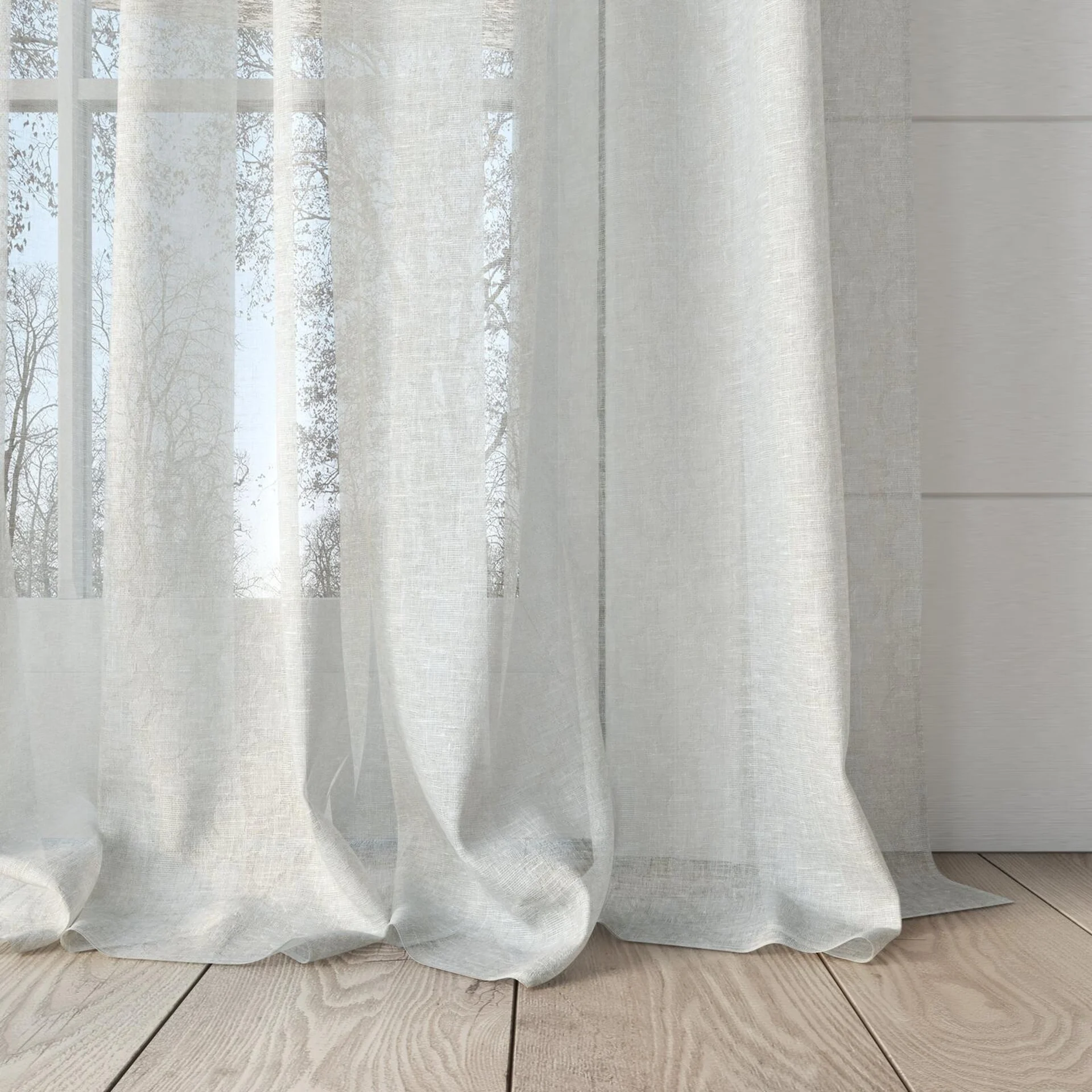 Bottom view of Lilian Pure, puddled, on curtain rod