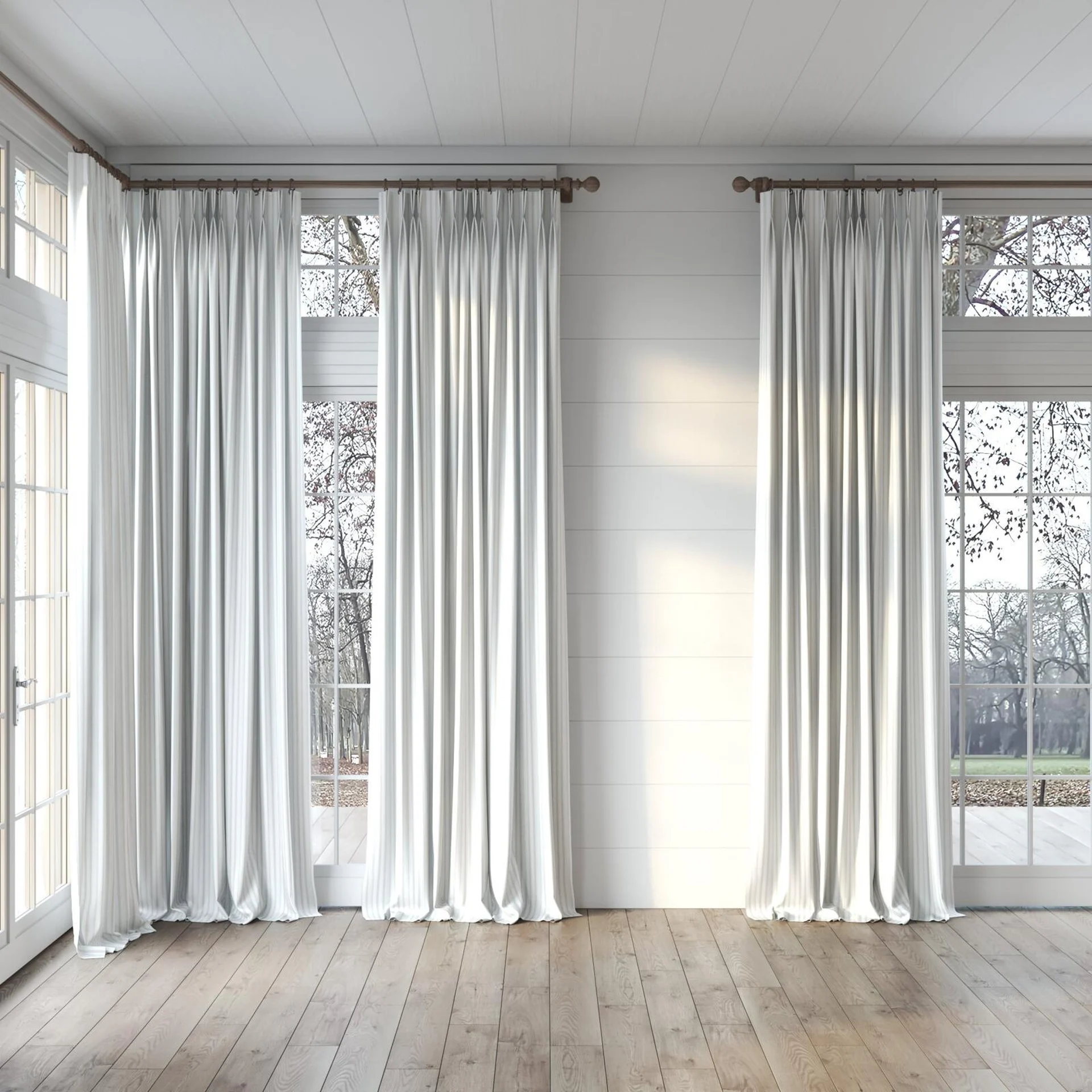 Full view of Chambray Ticking Sepia, puddled, on curtain rod