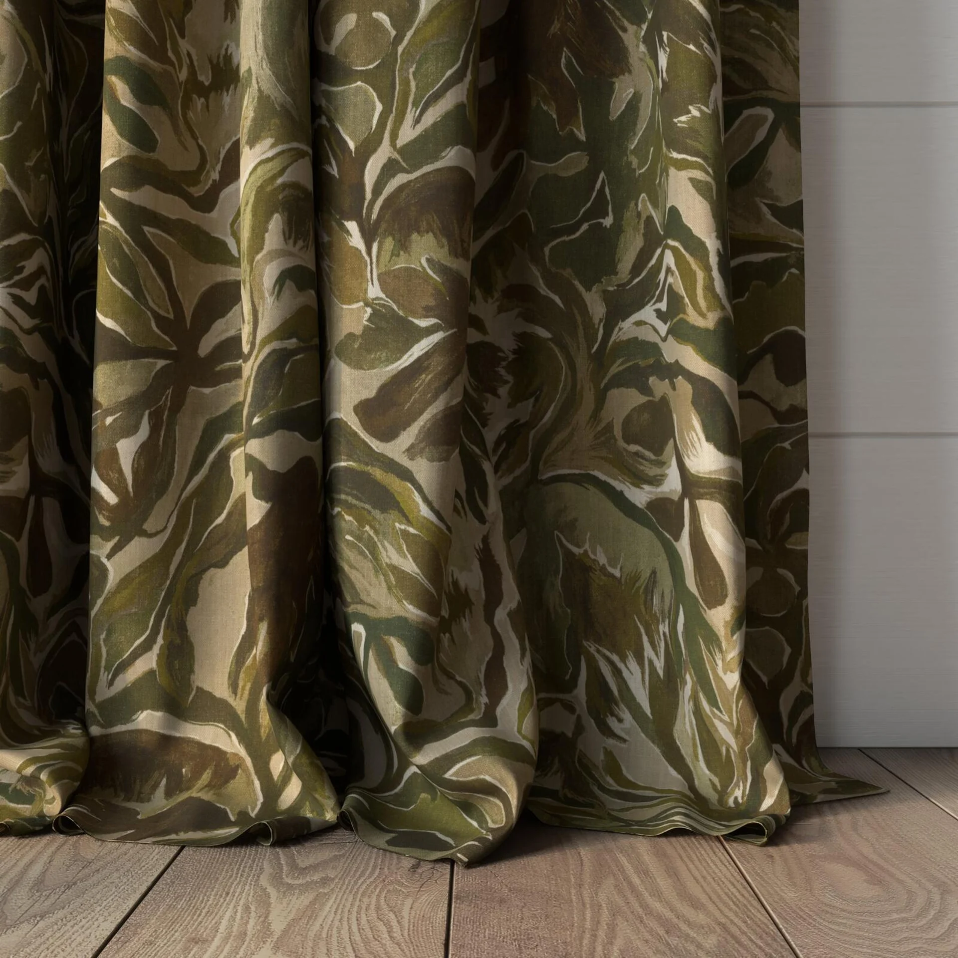 Bottom view of Grande Terre Jungle, puddled, on curtain rod