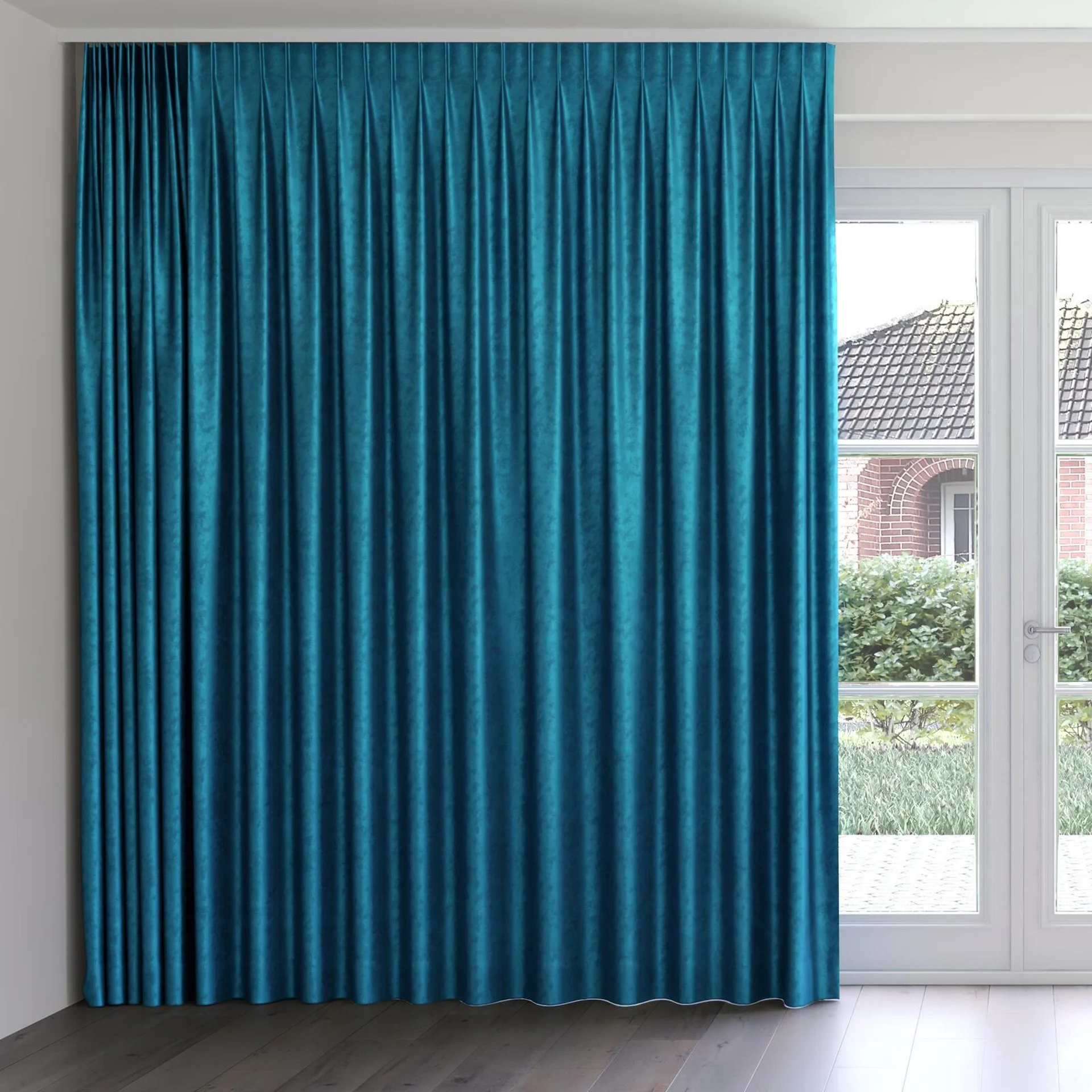 Front view of Fizz Spruce, on curtain rail