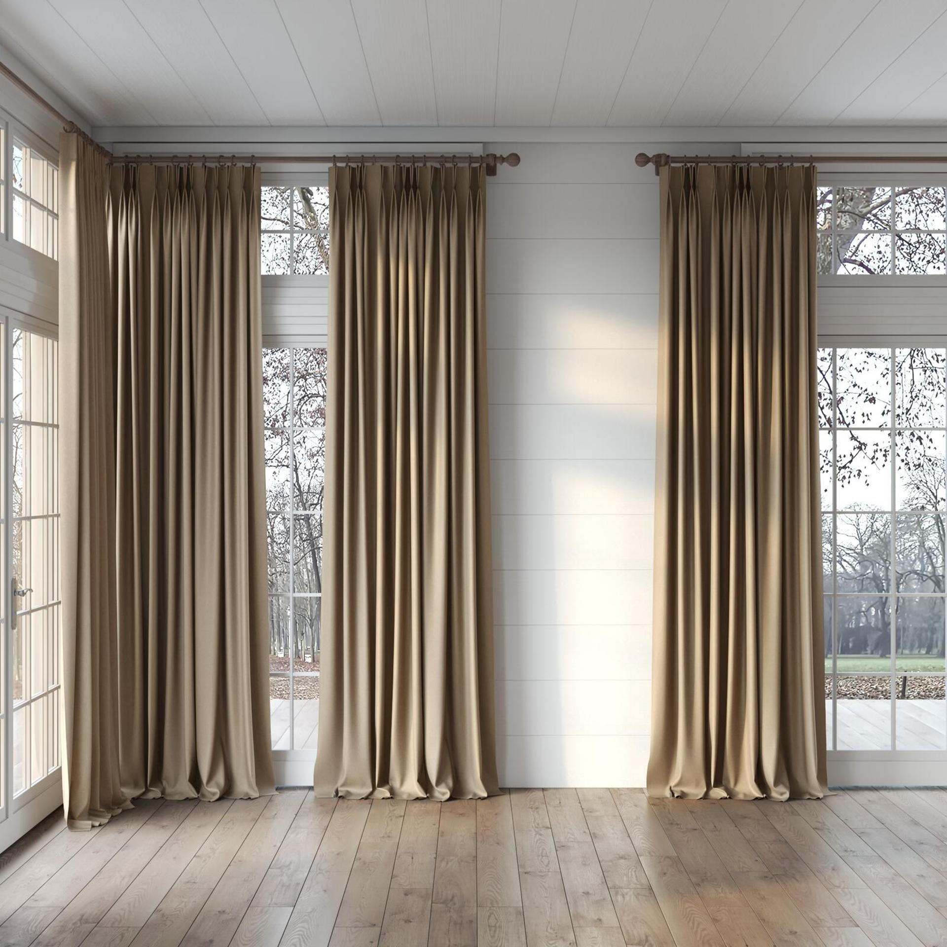 Full view of Woolly/Woolen Vintage, puddled, on curtain rod