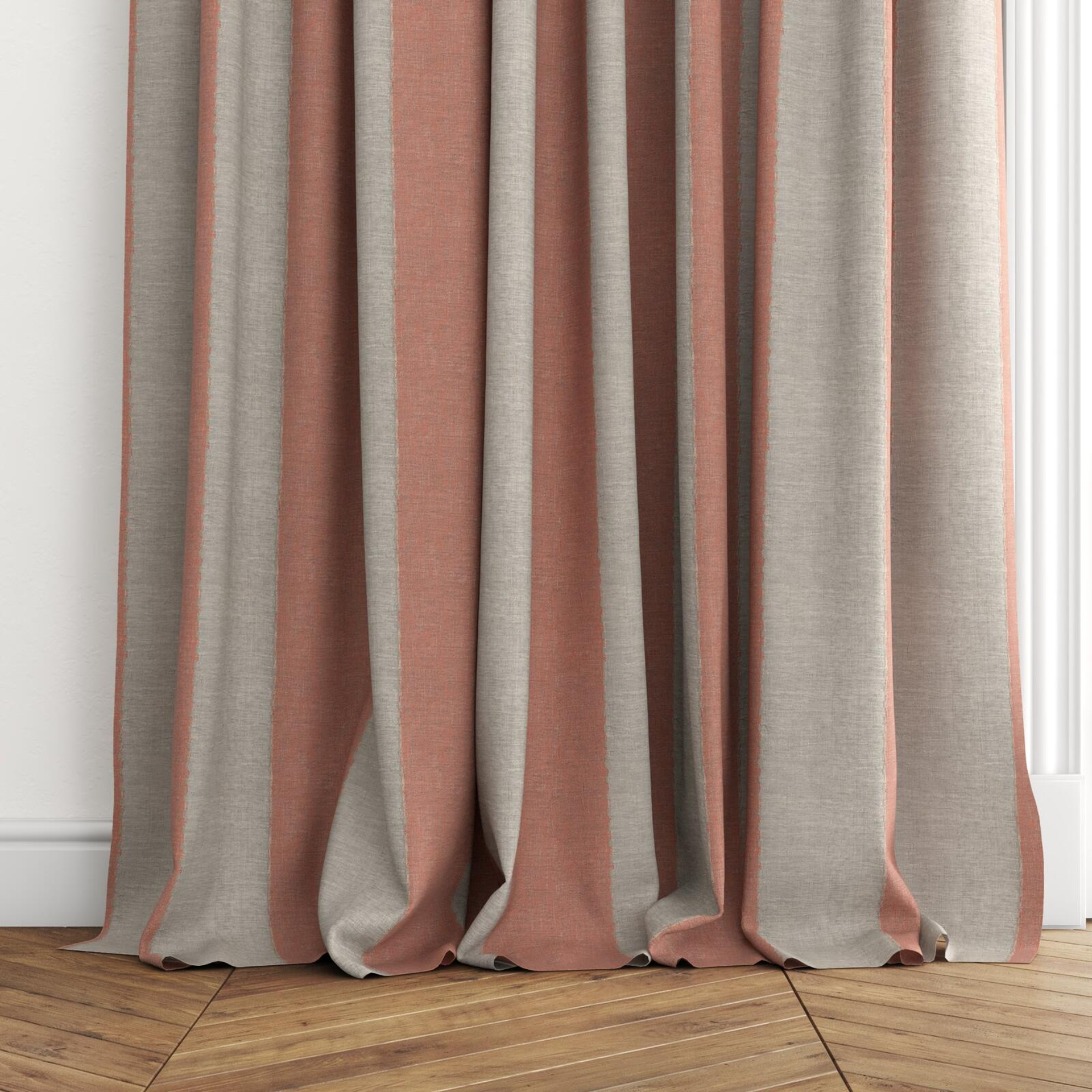 Bottom view of Zanella Spice, puddled with pinch pleat, on curtain rod
