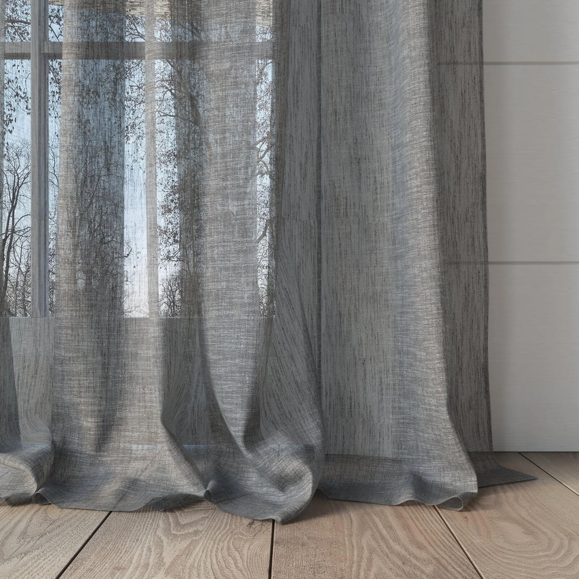 Bottom view of Natura Recycled Onyx, puddled, on curtain rod