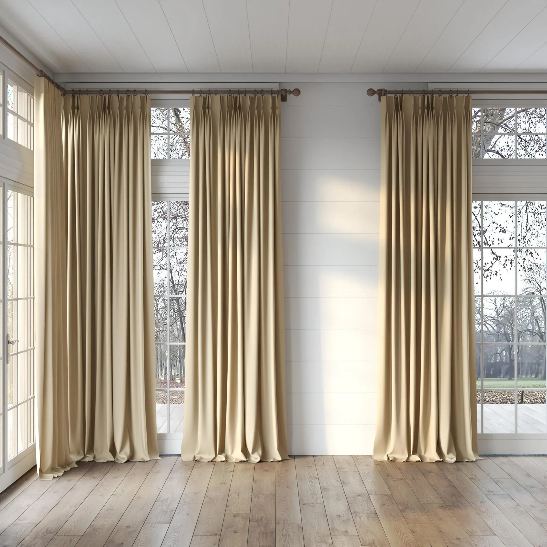 Full view of Vesta Bamboo, puddled, on curtain rod