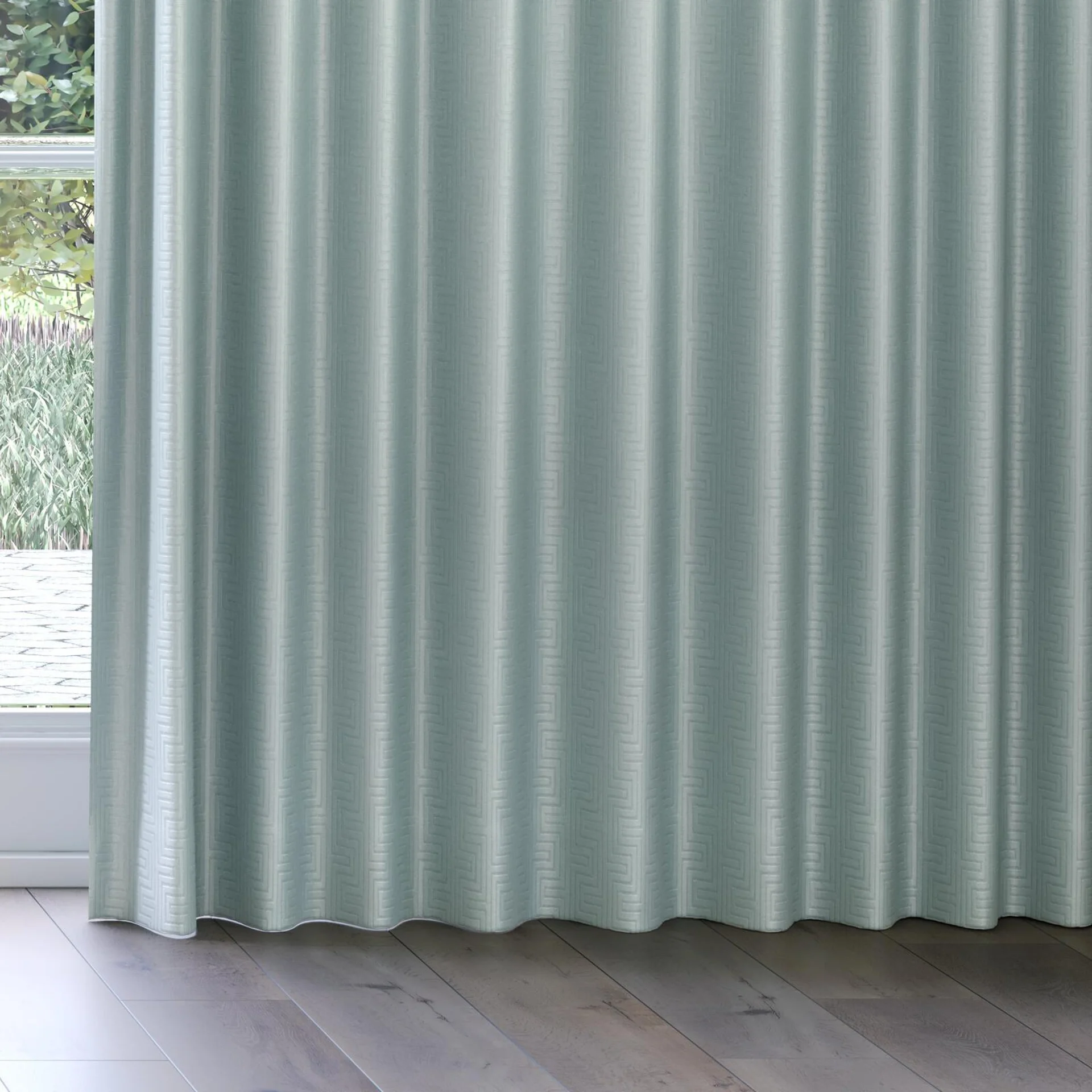 Bottom view of Remain Aqua, on curtain rail