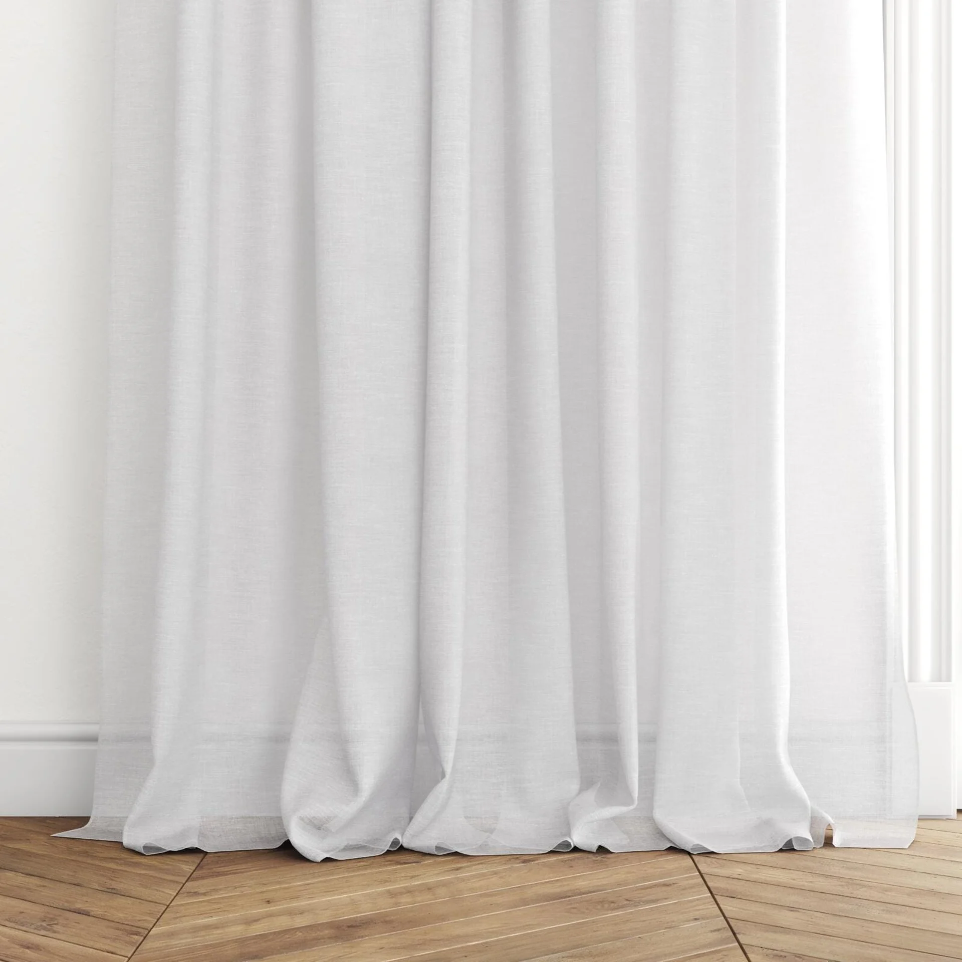 Bottom view of Cirrus Chalk, puddled with pinch pleat, on curtain rod