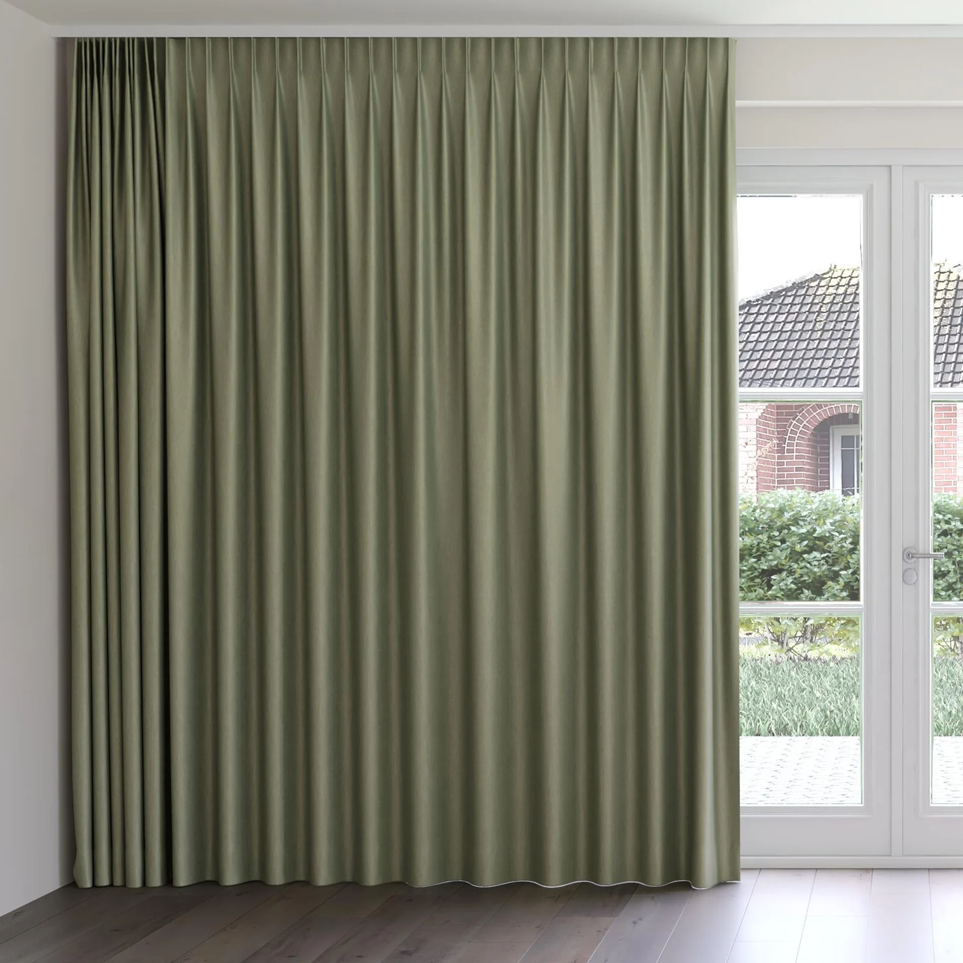 Front view of Re-Boot Olive, on curtain rail
