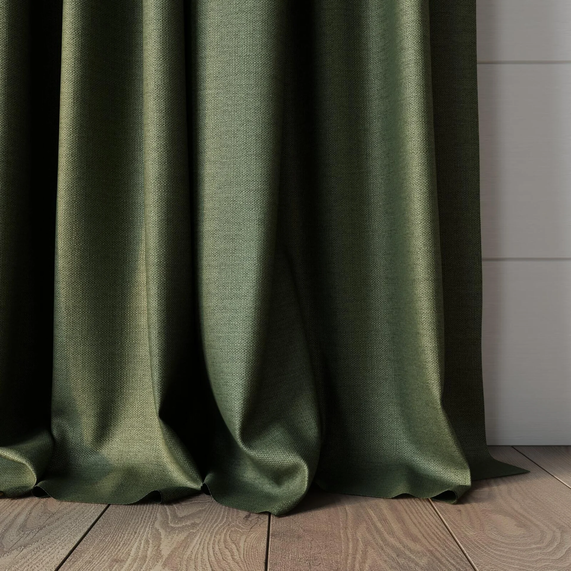 Bottom view of Linex Olive, puddled, on curtain rod