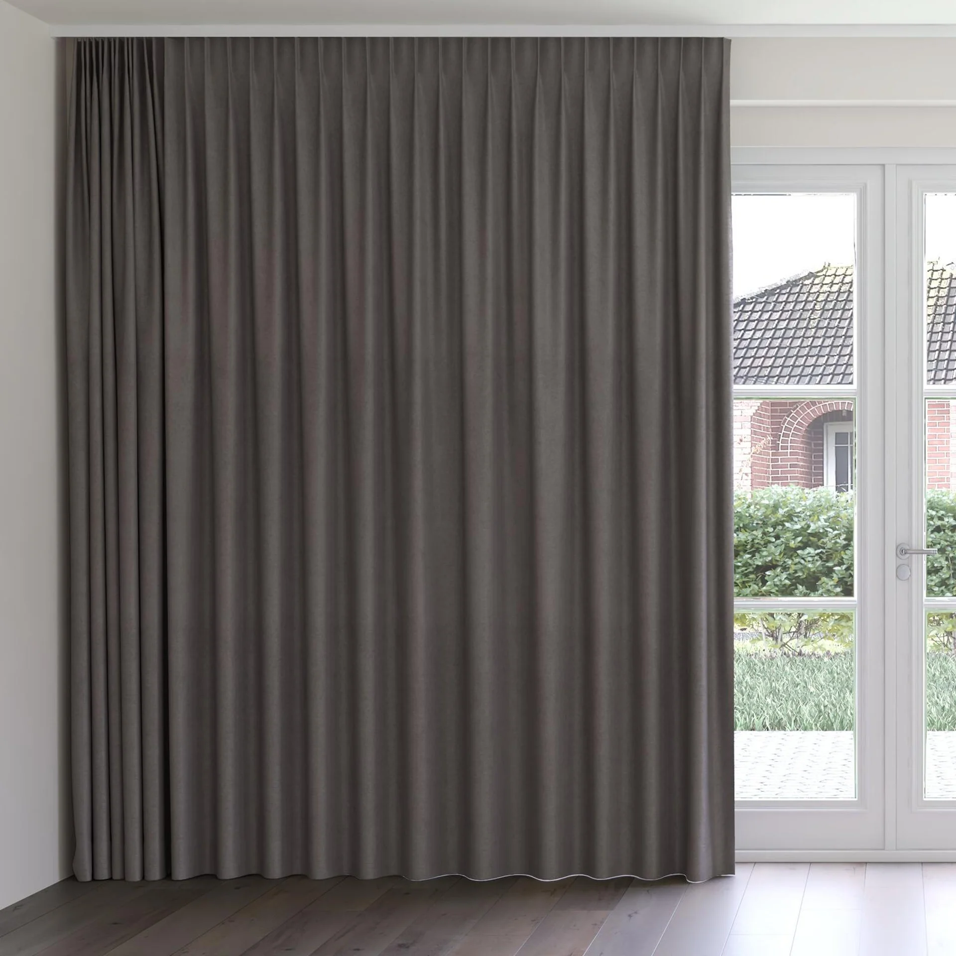 Front view of Moon Pewter, on curtain rail