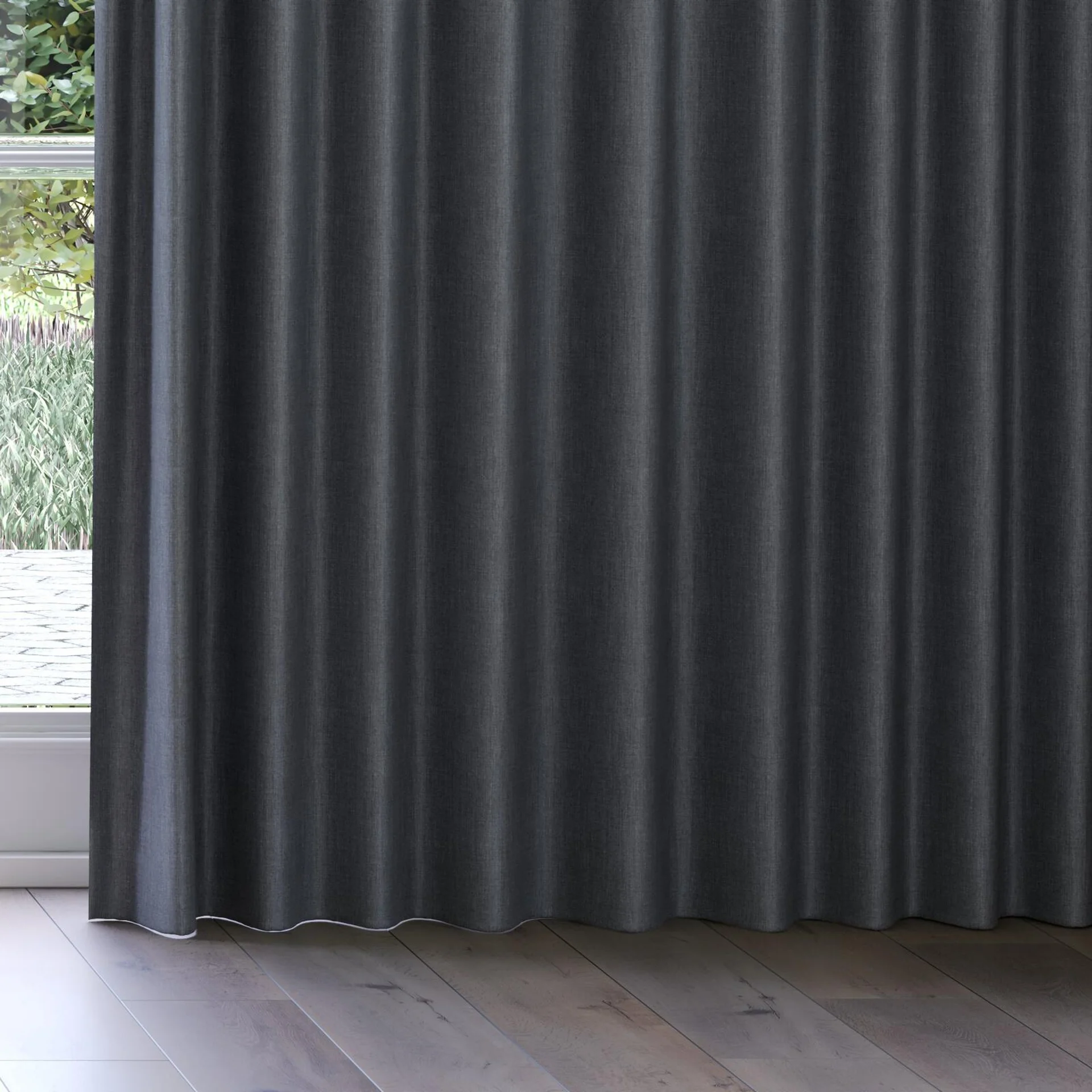 Bottom view of Kidglove Charcoal, on curtain rail