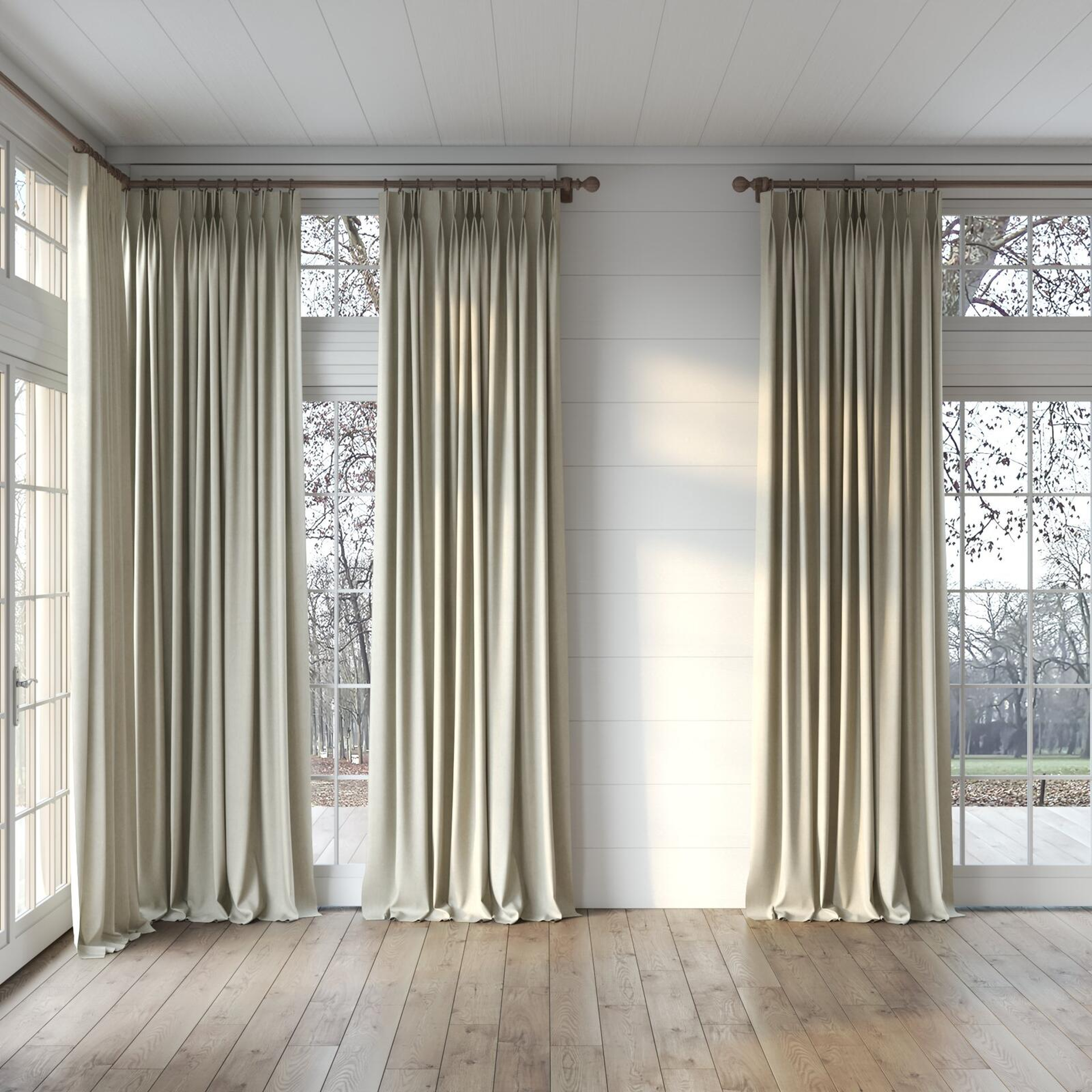 Full view of Rover Taupe, puddled, on curtain rod