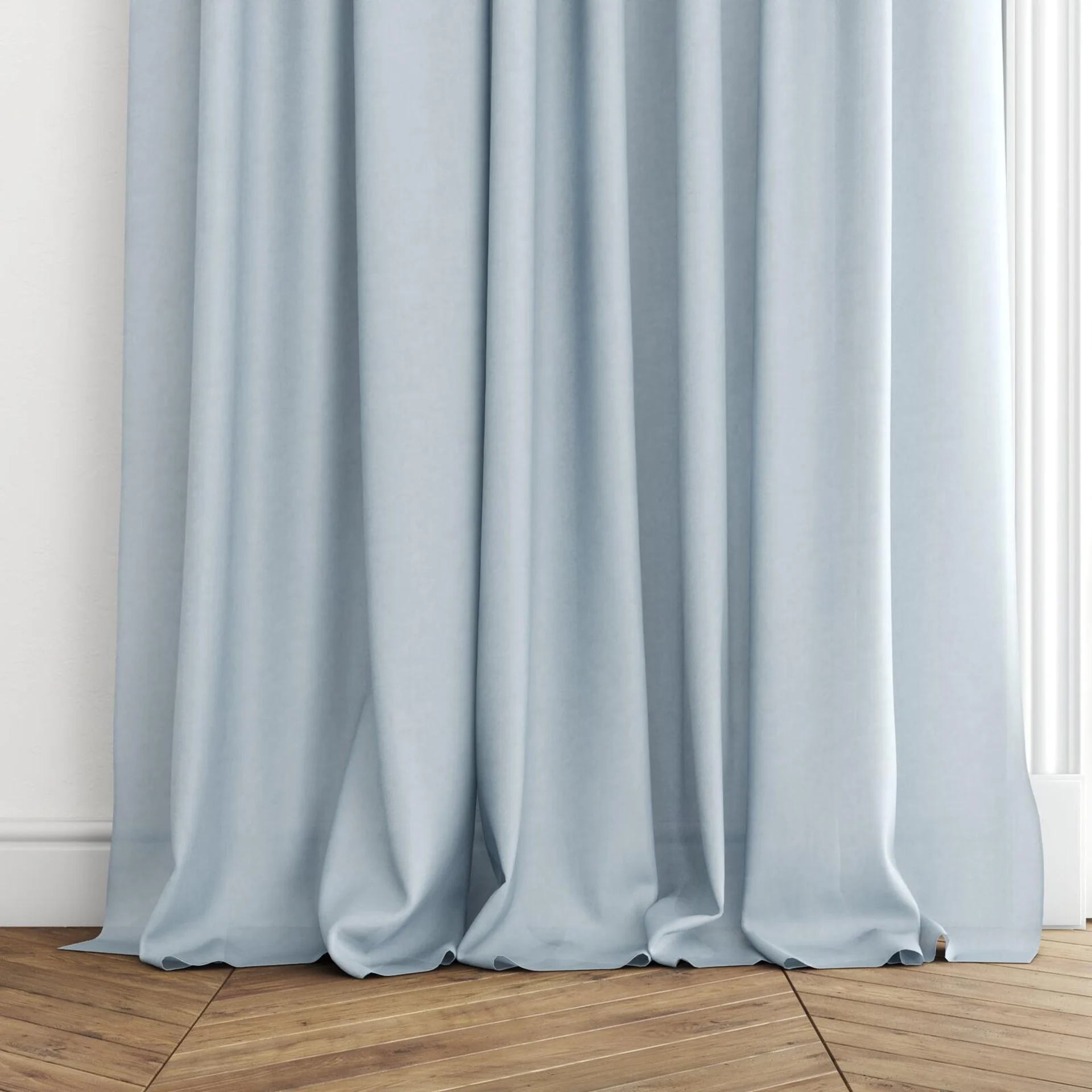 Bottom view of Flo II Cloud, puddled with pinch pleat, on curtain rod