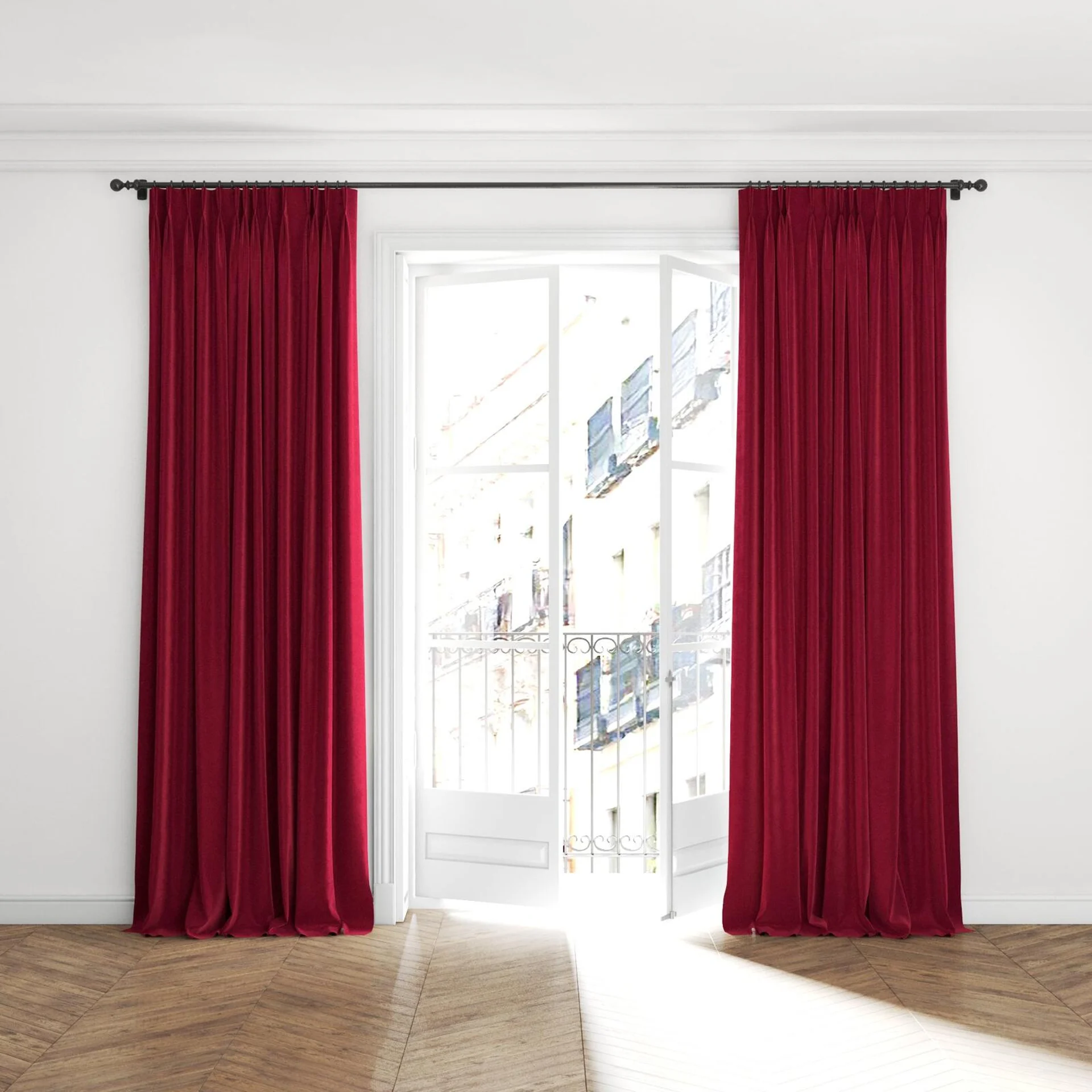 Full view of Velvelux Bordeaux, puddled with pinch pleat, on curtain rod