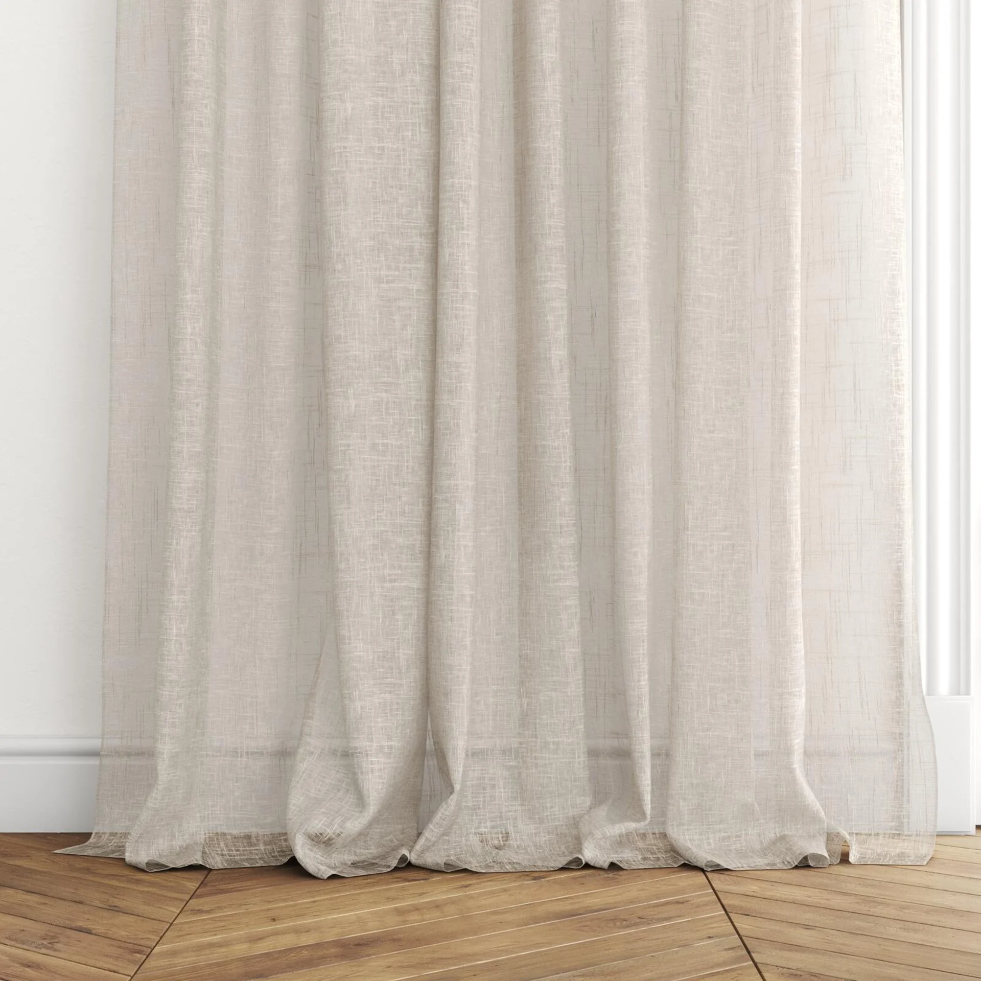 Bottom view of Beech Linen, puddled with pinch pleat, on curtain rod
