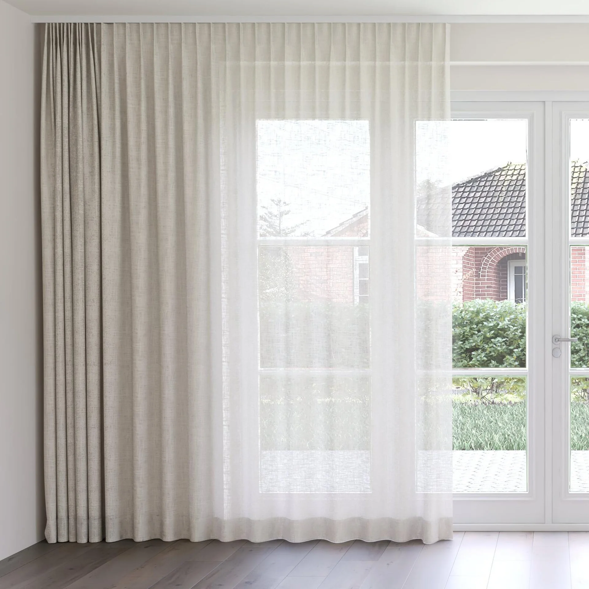 Front view of Adobe Linen, on curtain rail