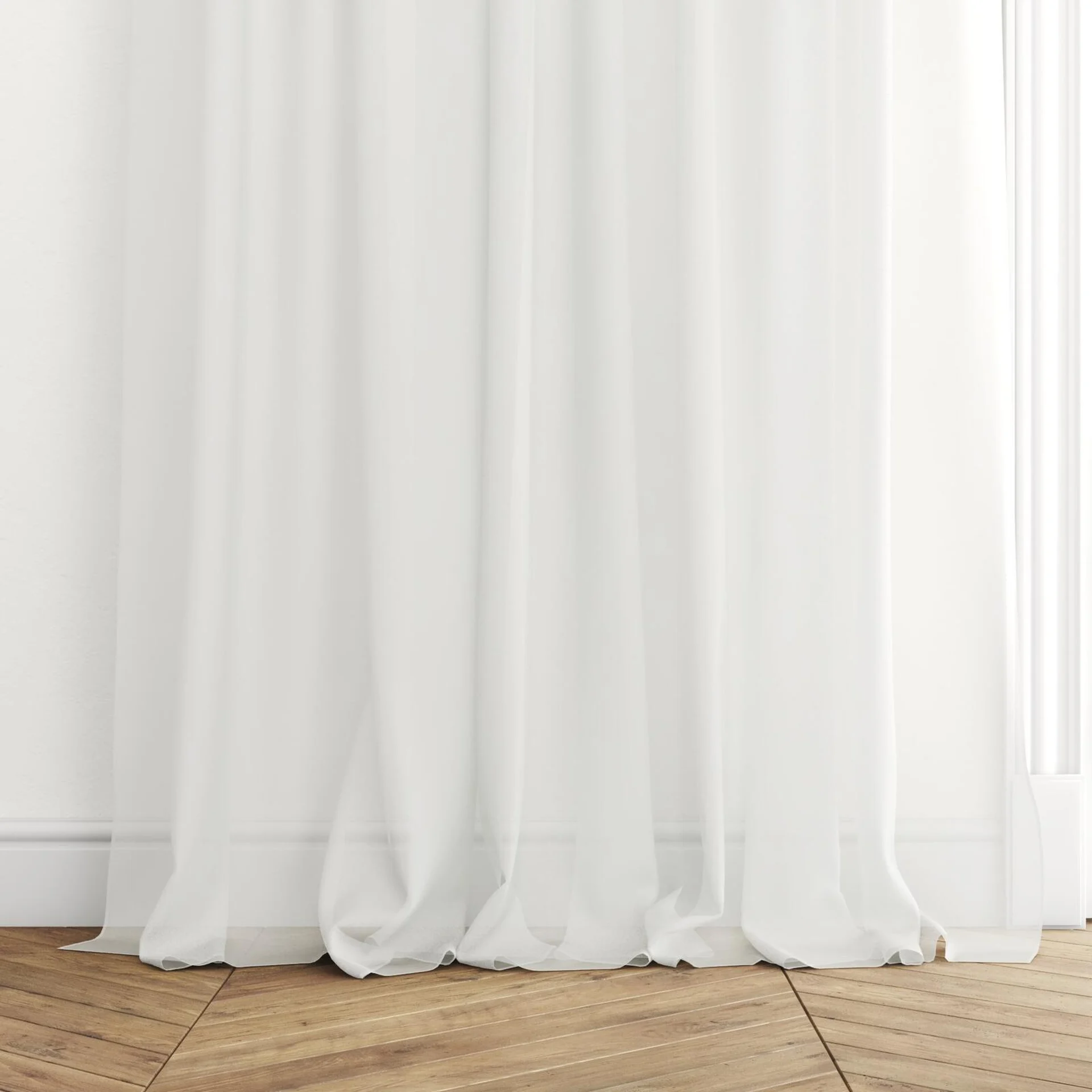 Bottom view of Zine Cream, puddled with pinch pleat, on curtain rod