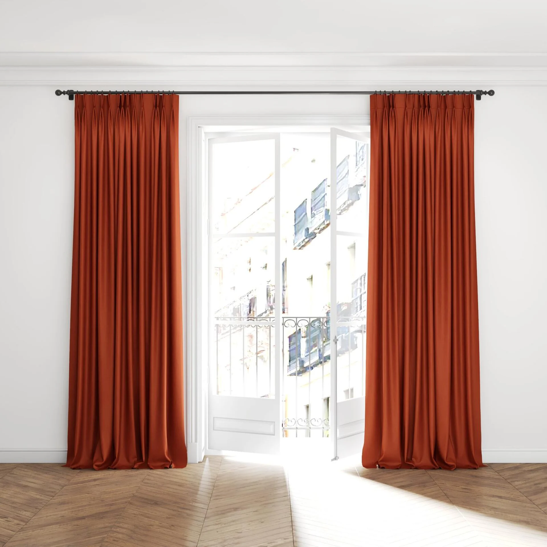 Full view of Kidglove Brick, puddled with pinch pleat, on curtain rod