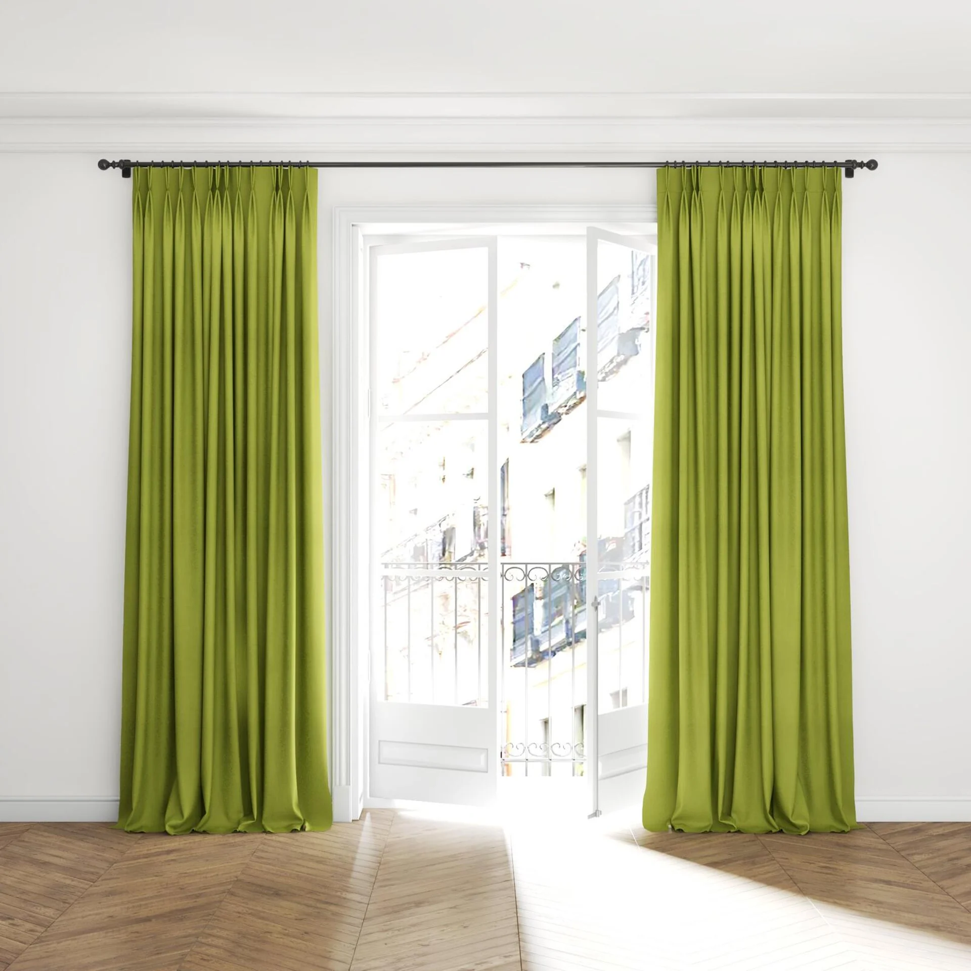 Full view of Loci Dim Out Leaf, puddled with pinch pleat, on curtain rod