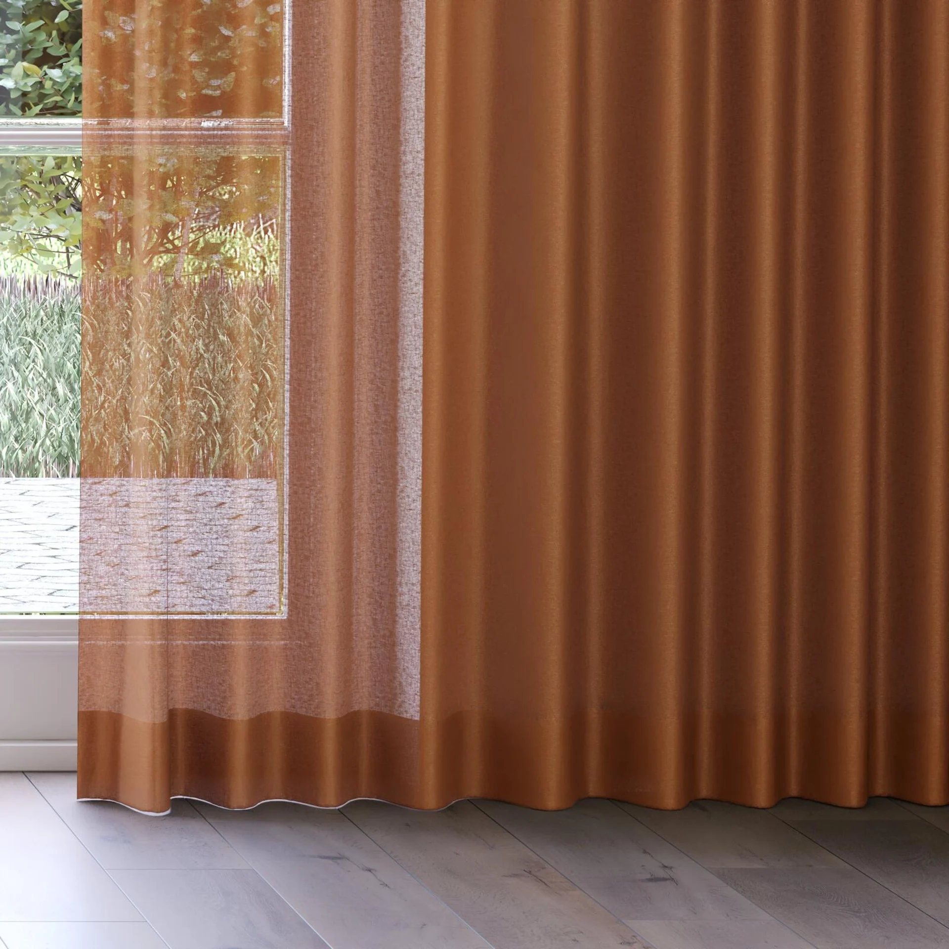 Bottom view of Laconia Air Terracotta, on curtain rail
