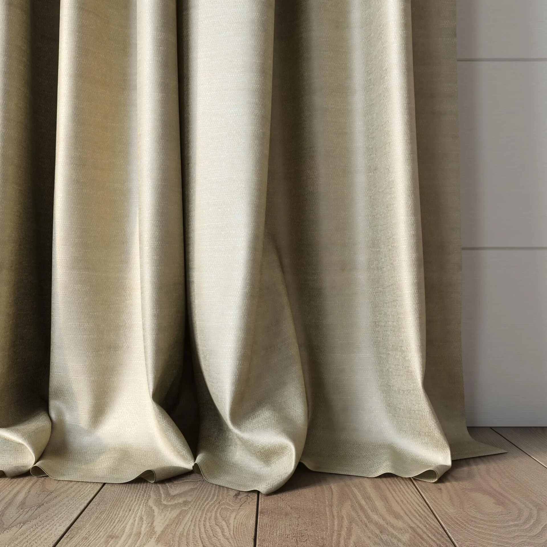 Bottom view of Zircon Linen, puddled, on curtain rod