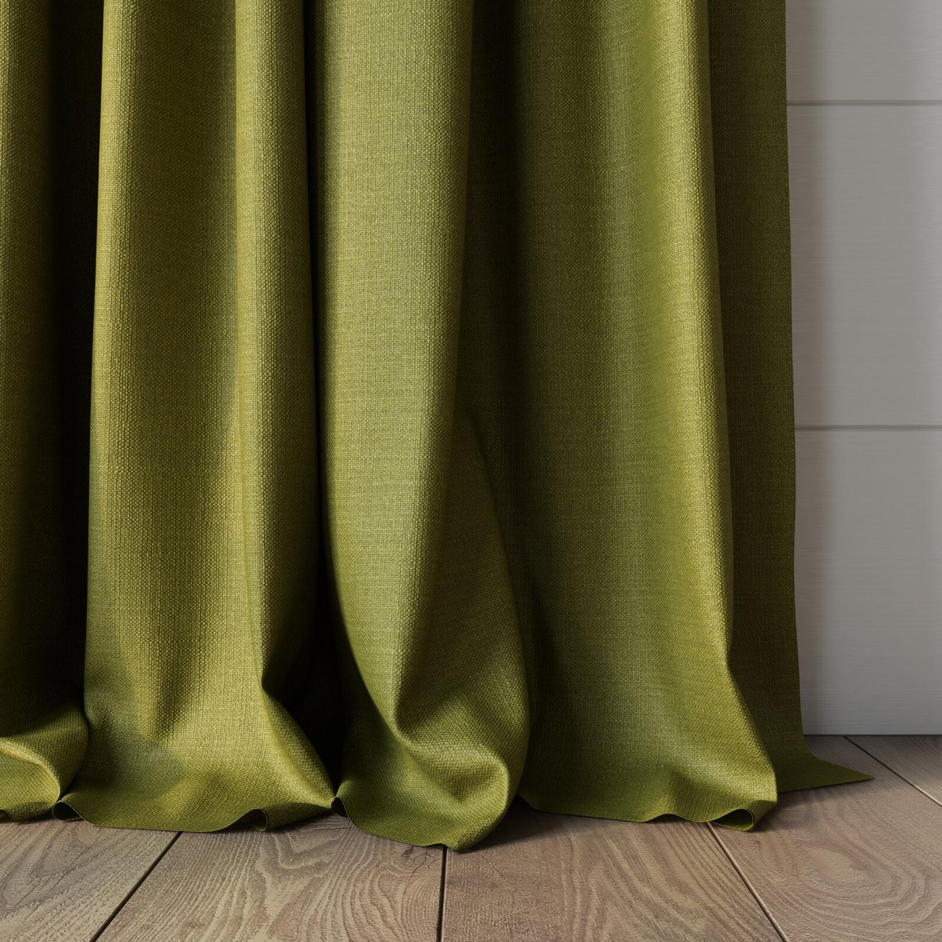 Bottom view of Linex Pesto, puddled, on curtain rod
