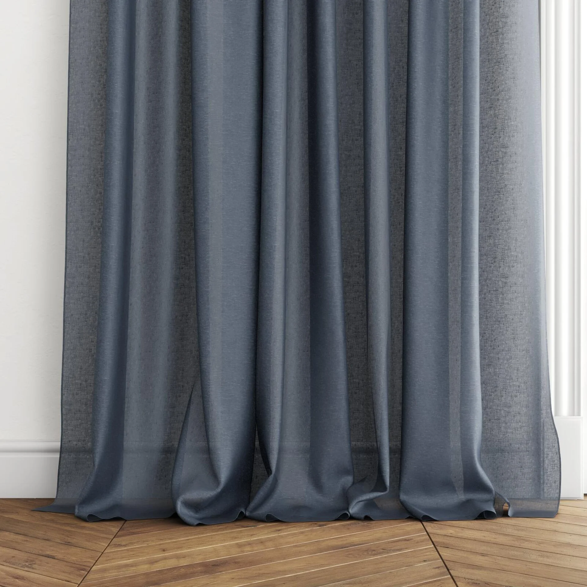 Bottom view of Laconia Air Ocean, puddled with pinch pleat, on curtain rod