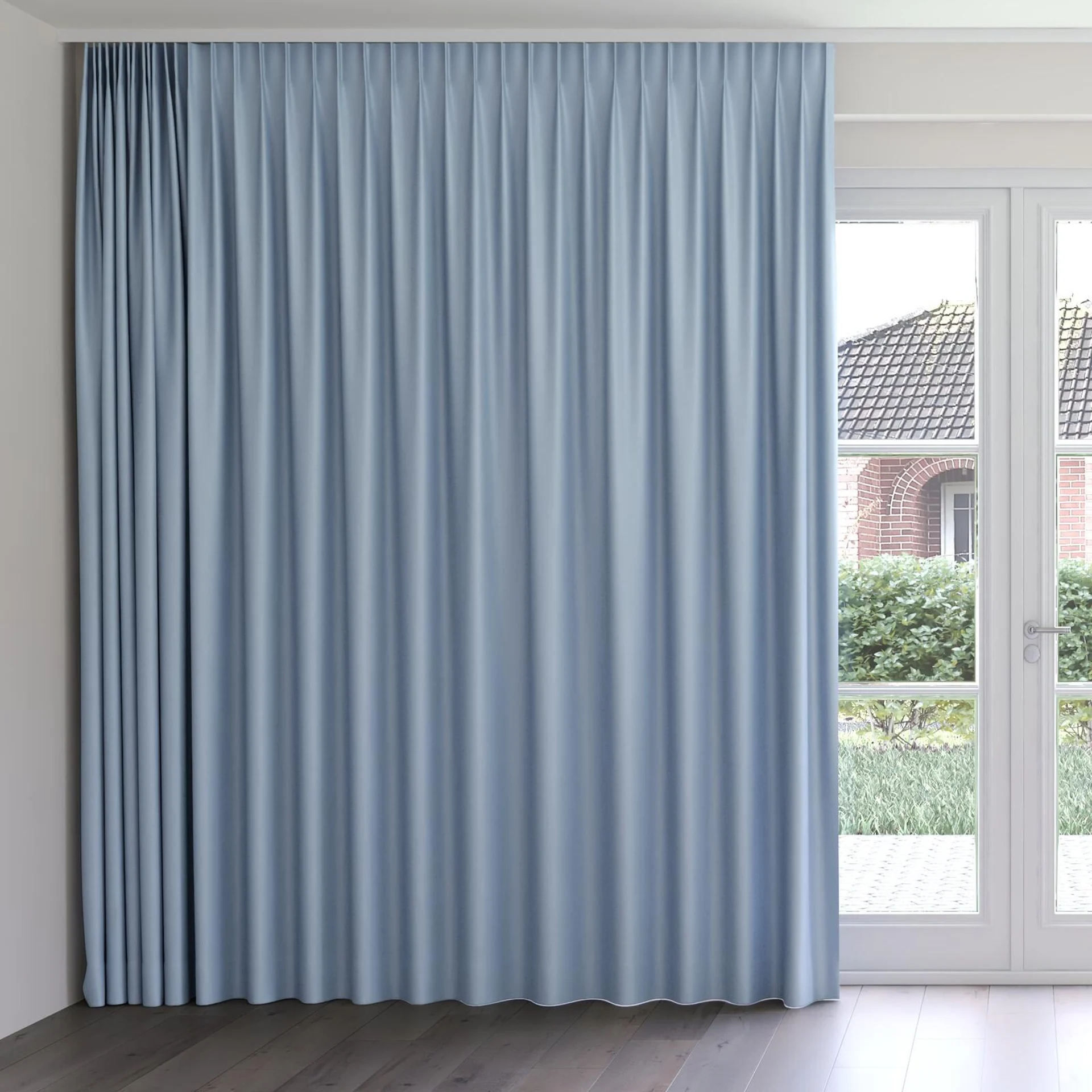 Front view of Hastings Sky Blue, on curtain rail