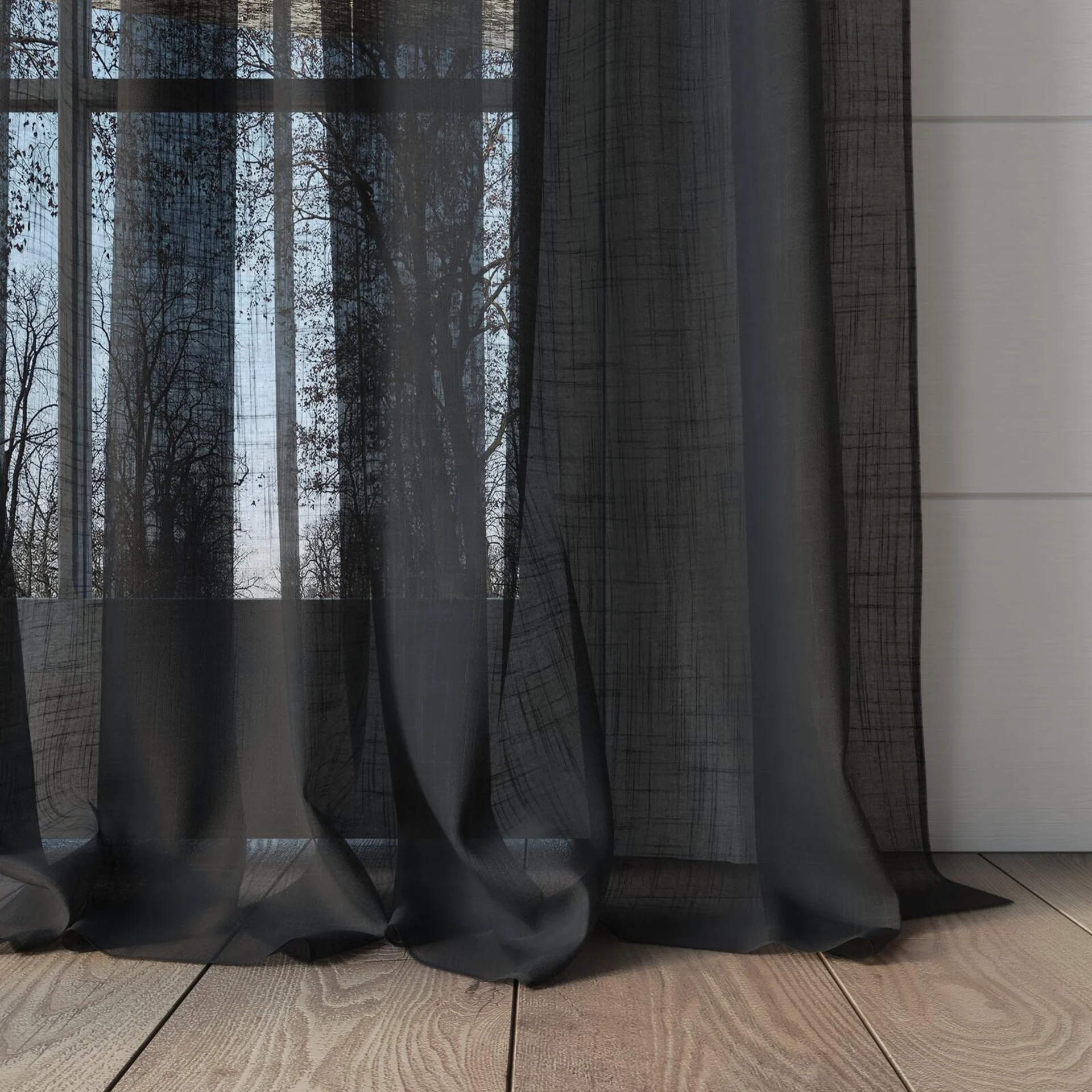 Bottom view of Attica Onyx, puddled, on curtain rod