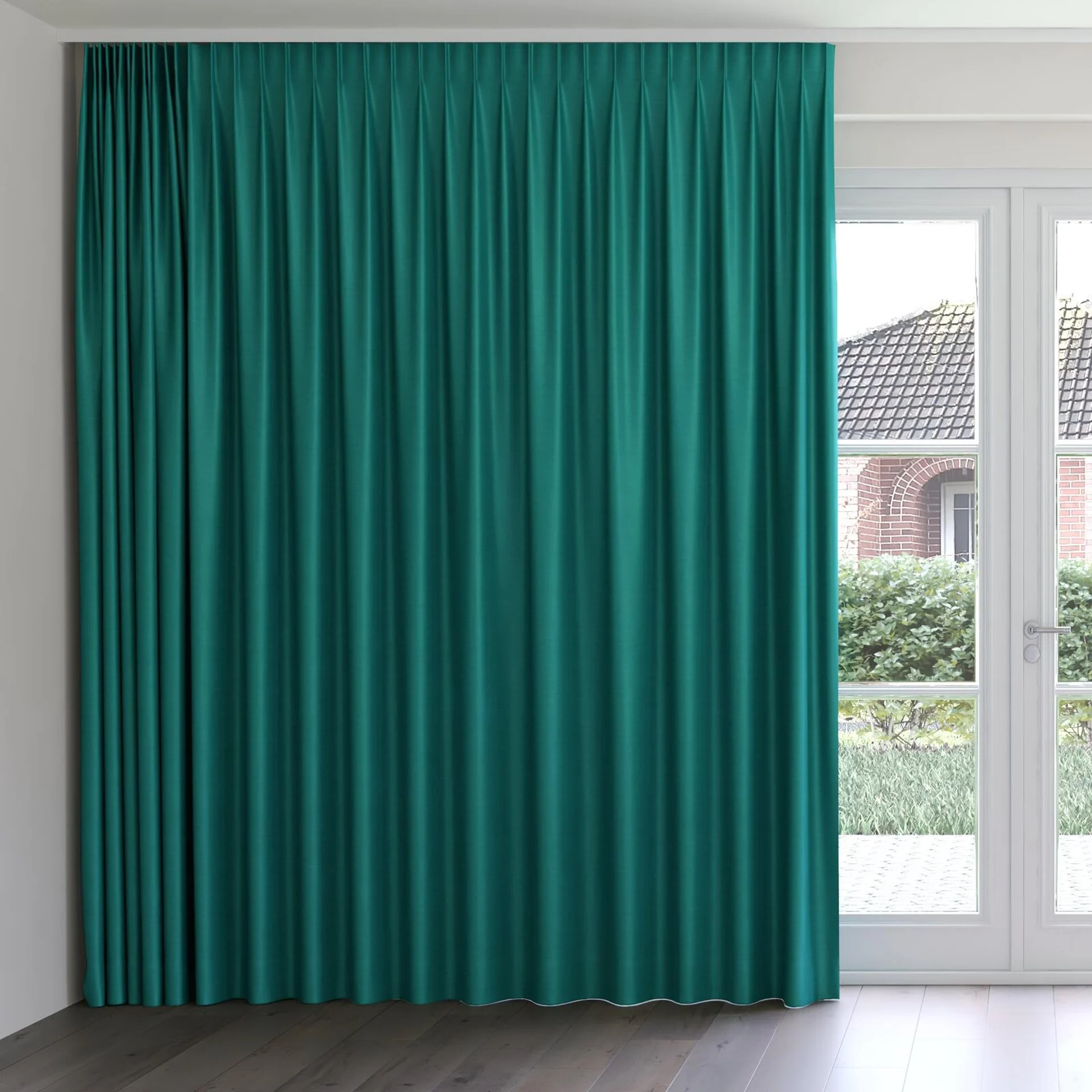 Front view of Silky Baltic, on curtain rail