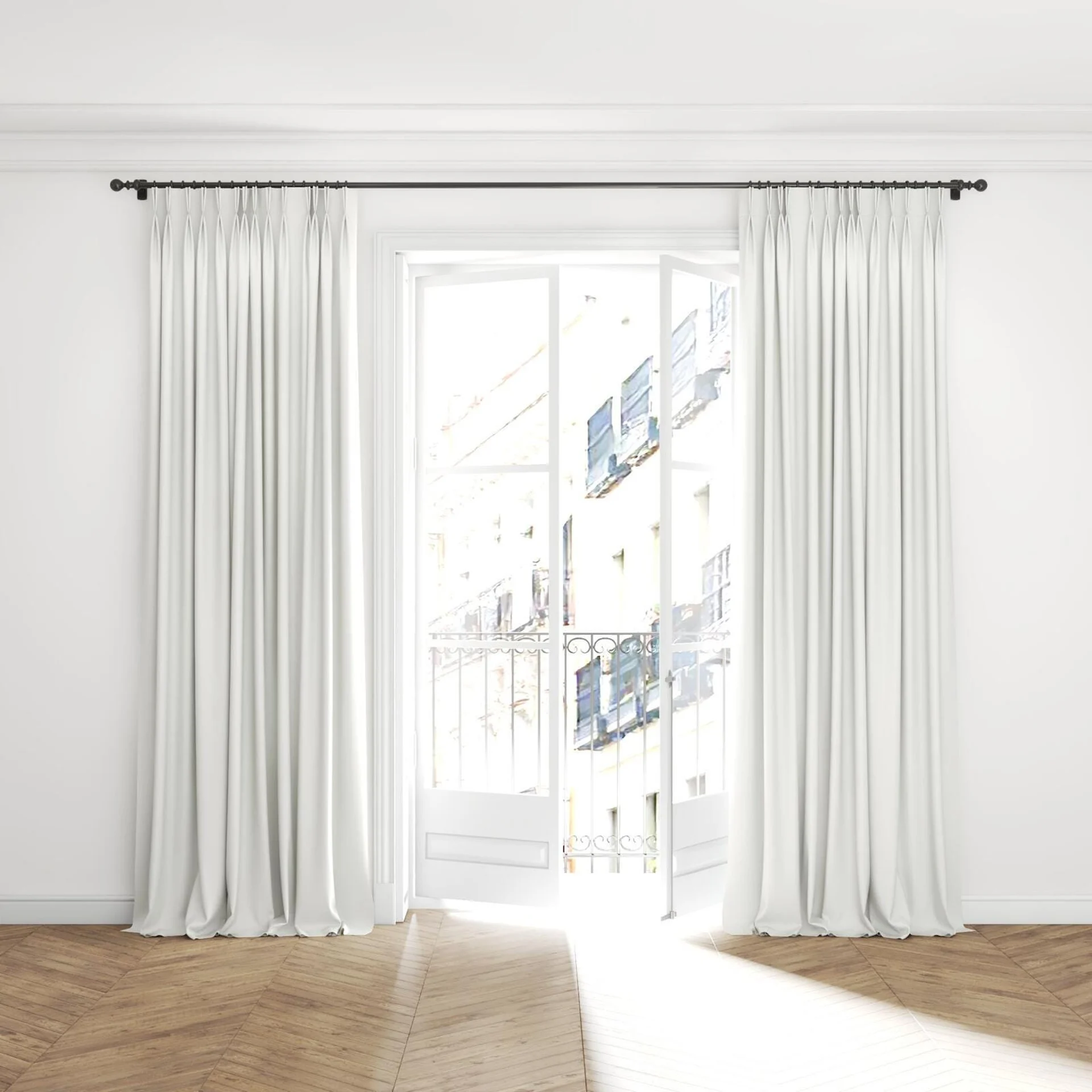 Full view of Urban Snow, puddled with pinch pleat, on curtain rod