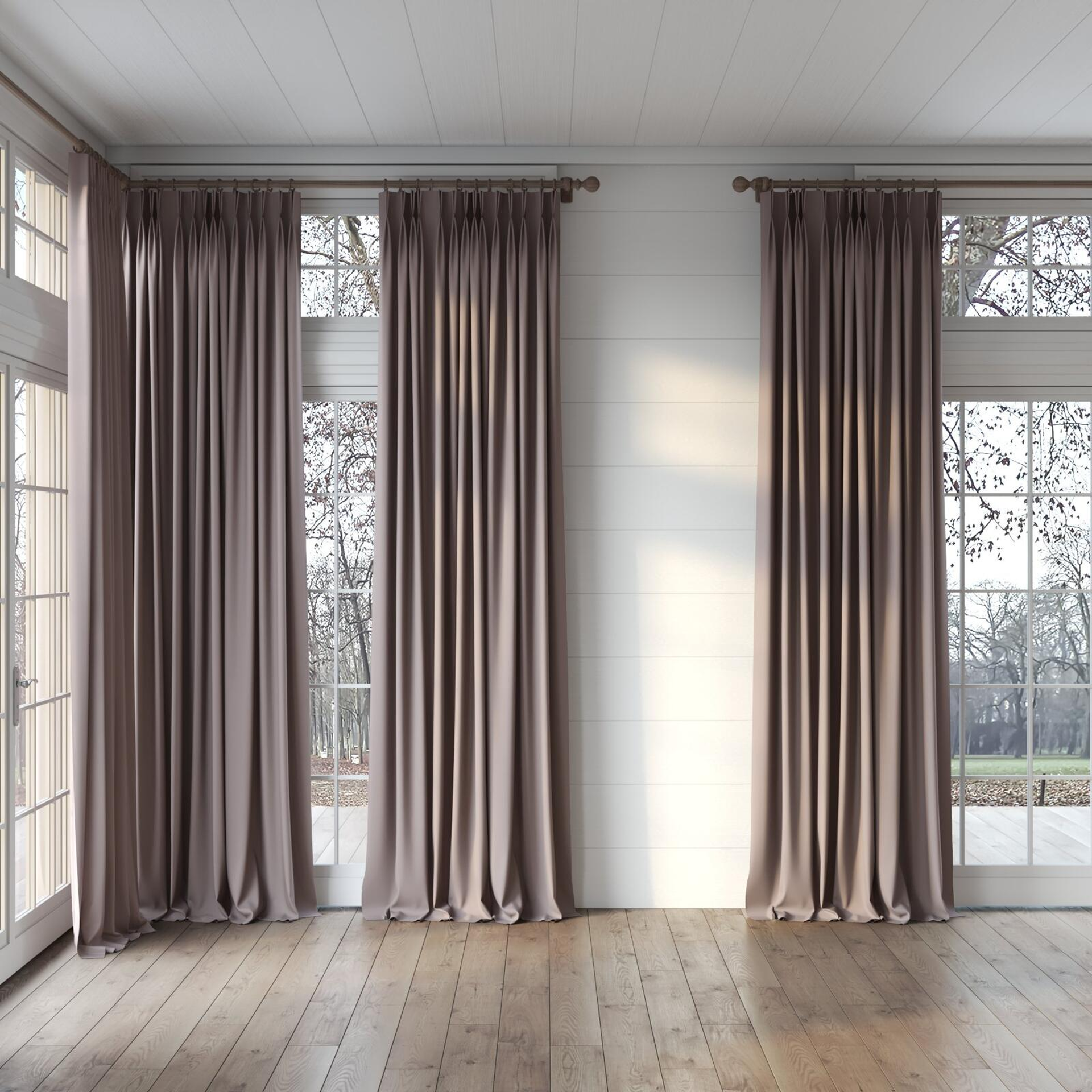 Full view of Vela Taupe, puddled, on curtain rod