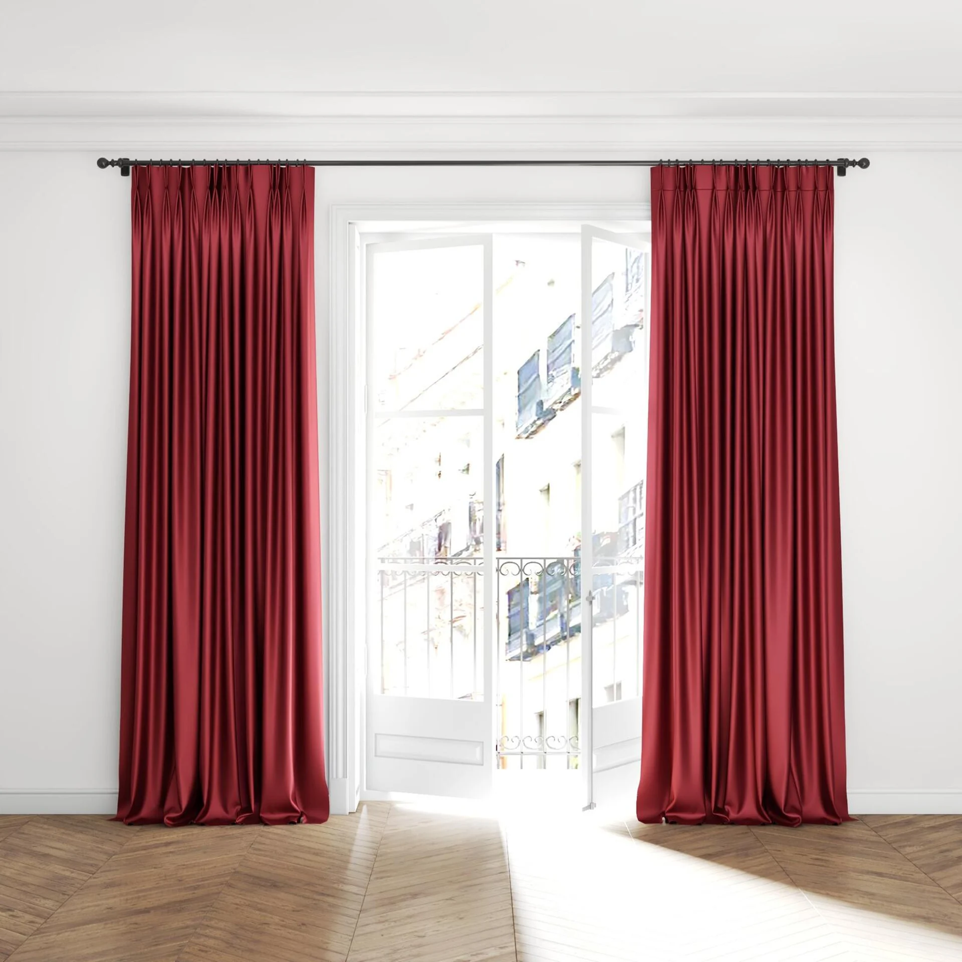 Full view of Moonbeam Rosewood, puddled with pinch pleat, on curtain rod