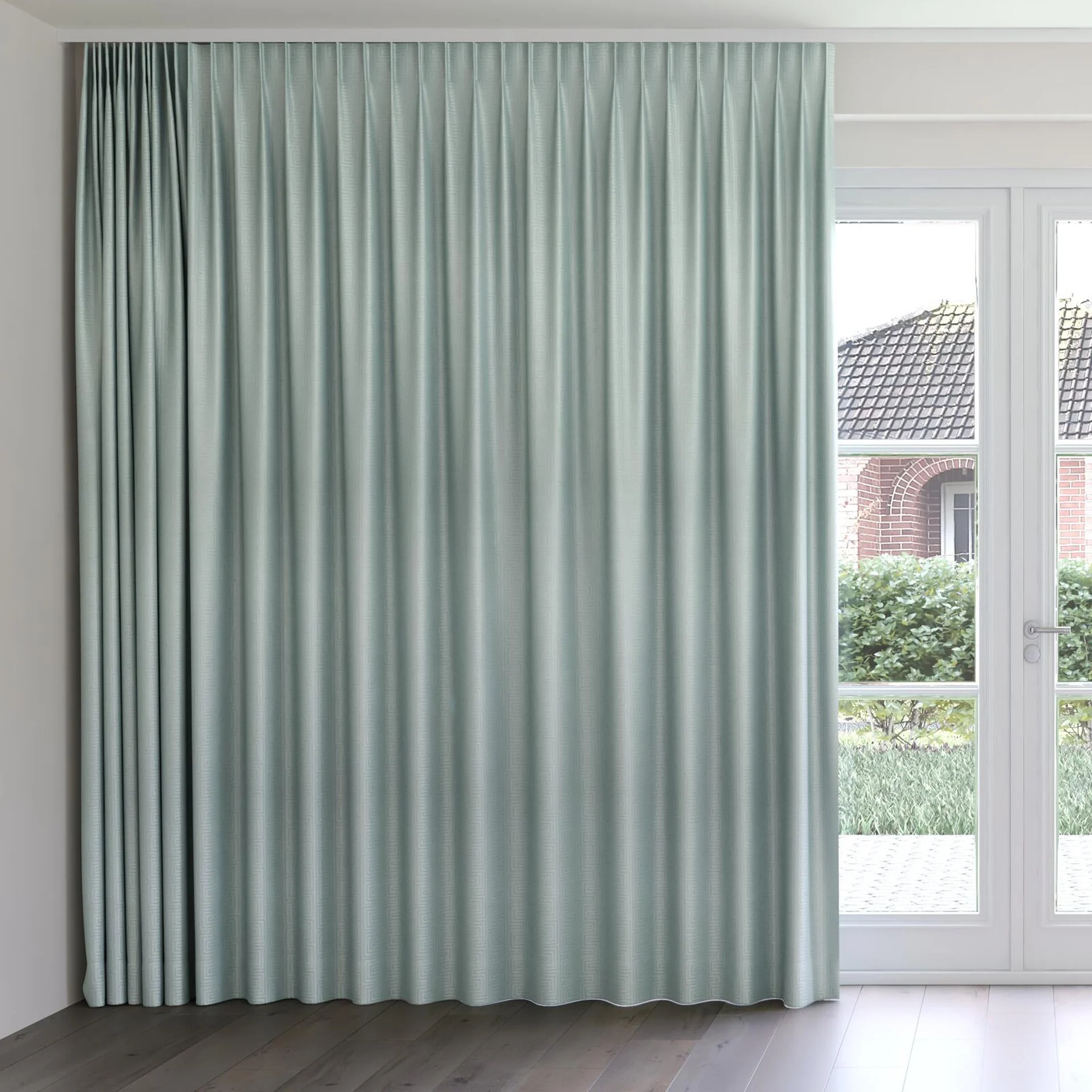 Front view of Remain Aqua, on curtain rail