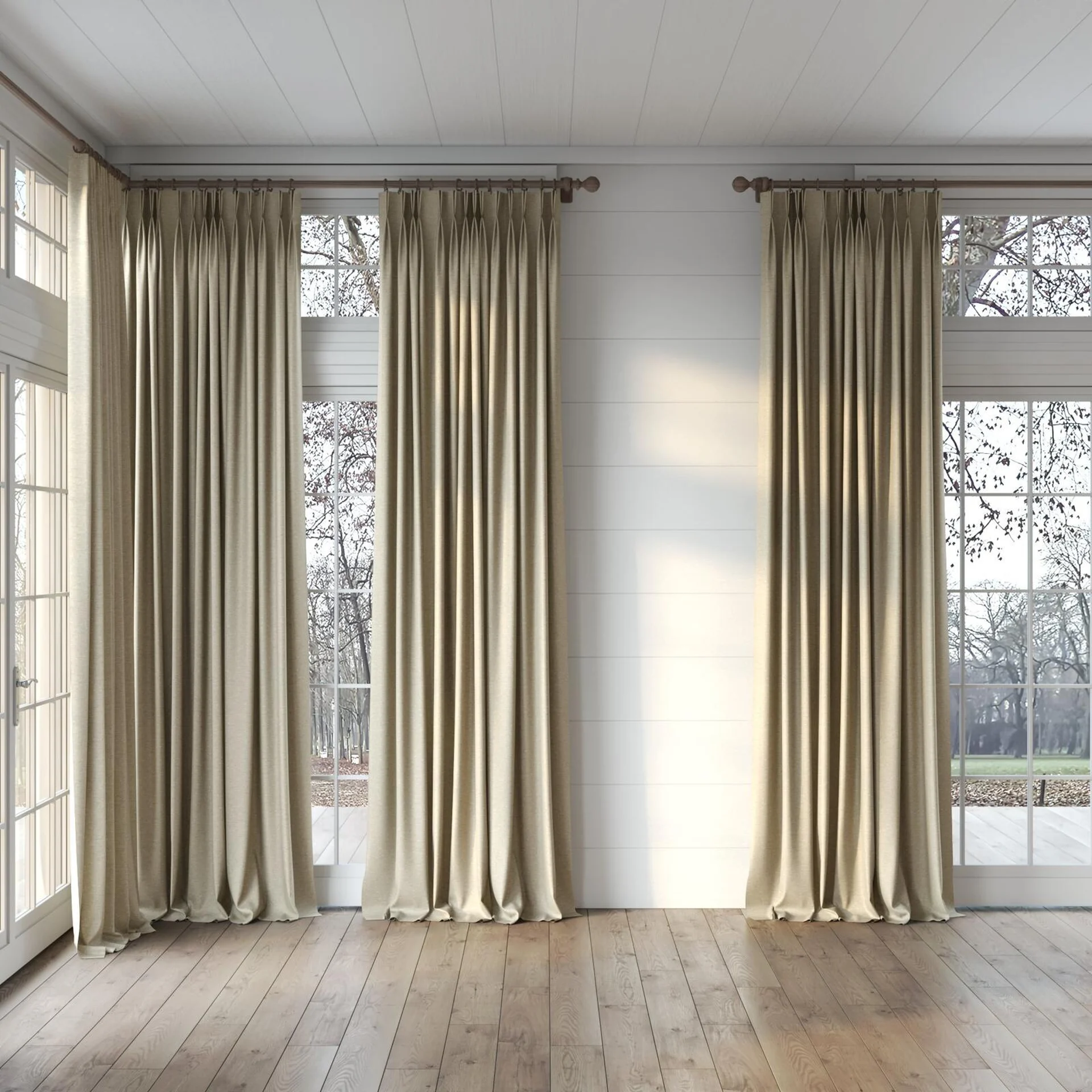 Full view of Bravo Rattan, puddled, on curtain rod
