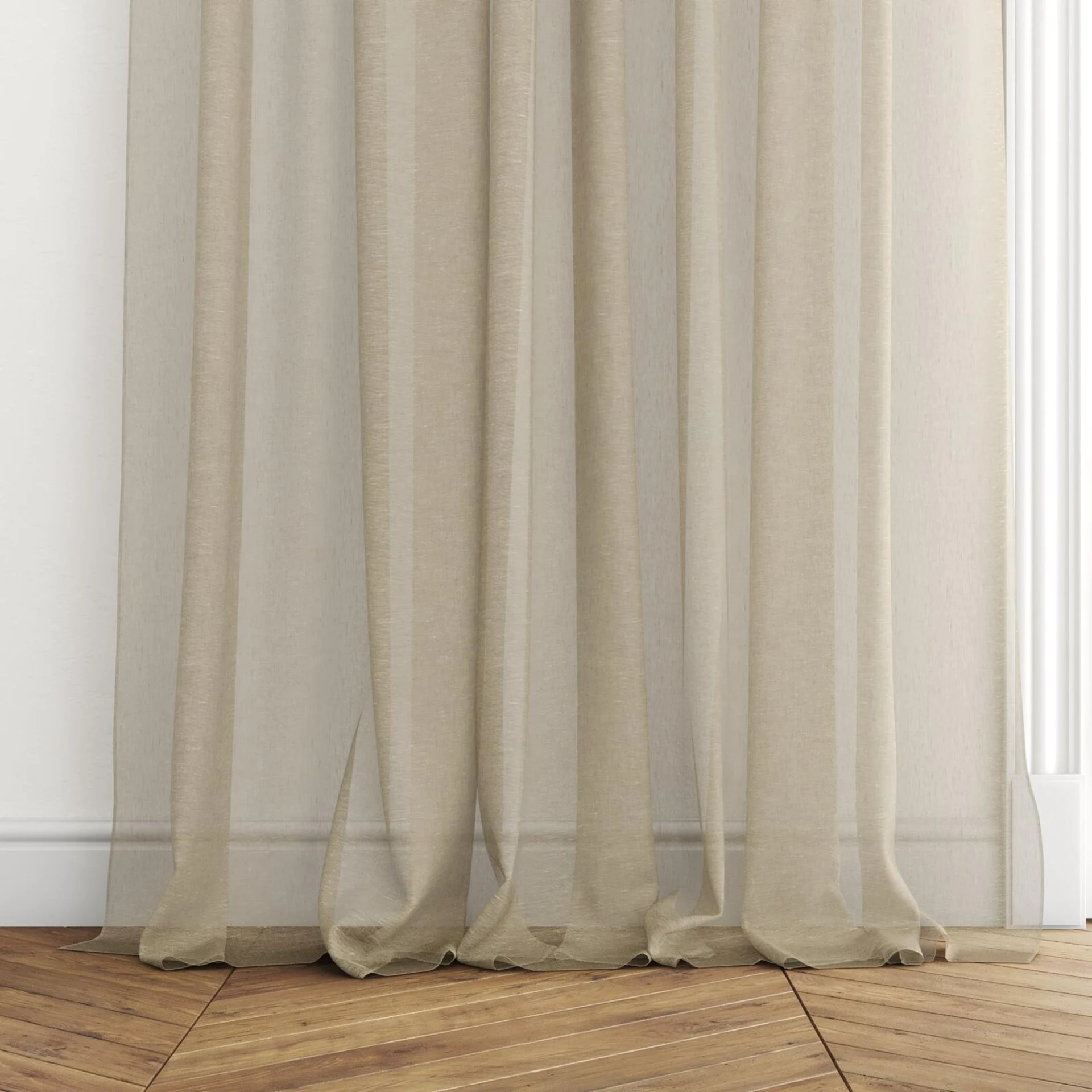 Bottom view of Pure Linen Jute, puddled with pinch pleat, on curtain rod